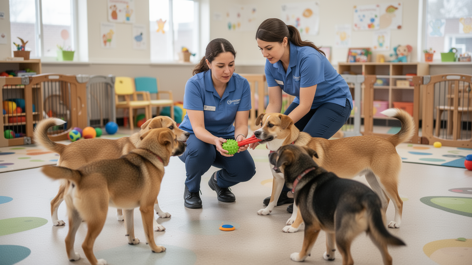 A daycare staff member closely monitoring and interacting with a small group of dogs during play.