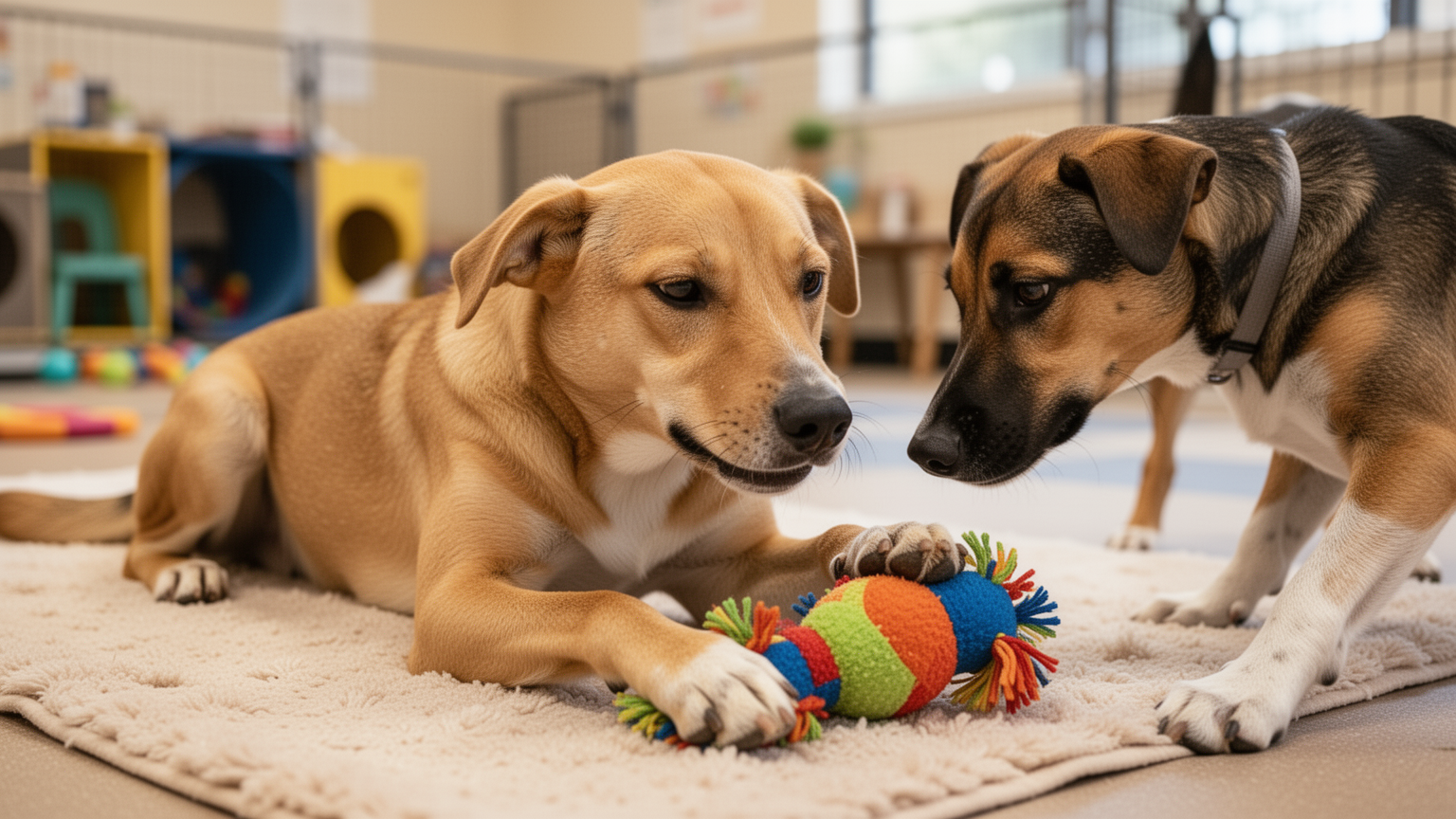 A calm, content dog resting peacefully in a bright daycare play space.