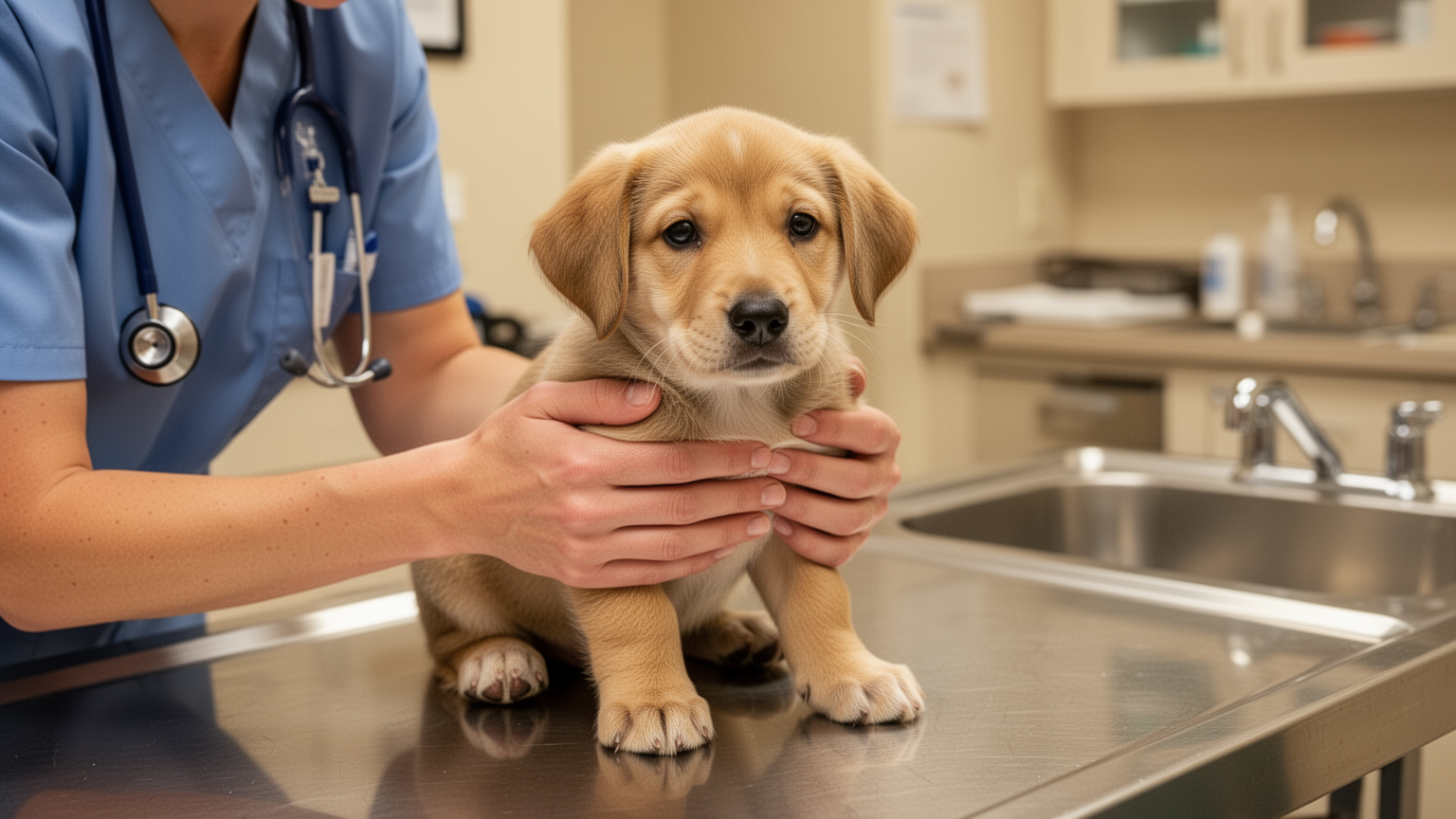 Young puppy being gently examined by veterinarian during vaccination