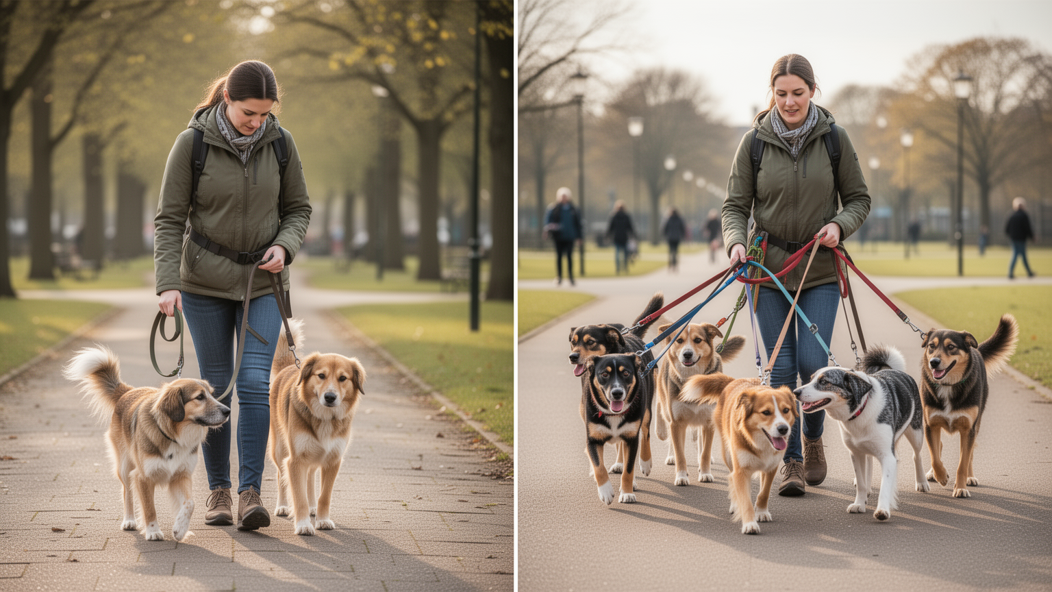 Left: single dog with walker in quiet setting; right: multiple dogs with one walker in open area.