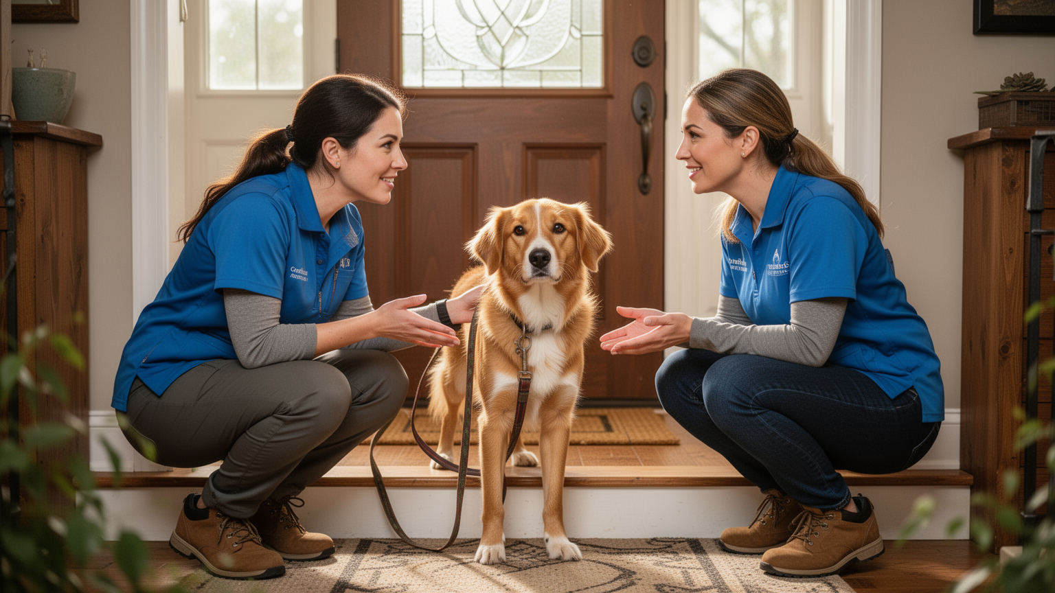 Dog owner and walker meeting the dog together during an initial consultation.