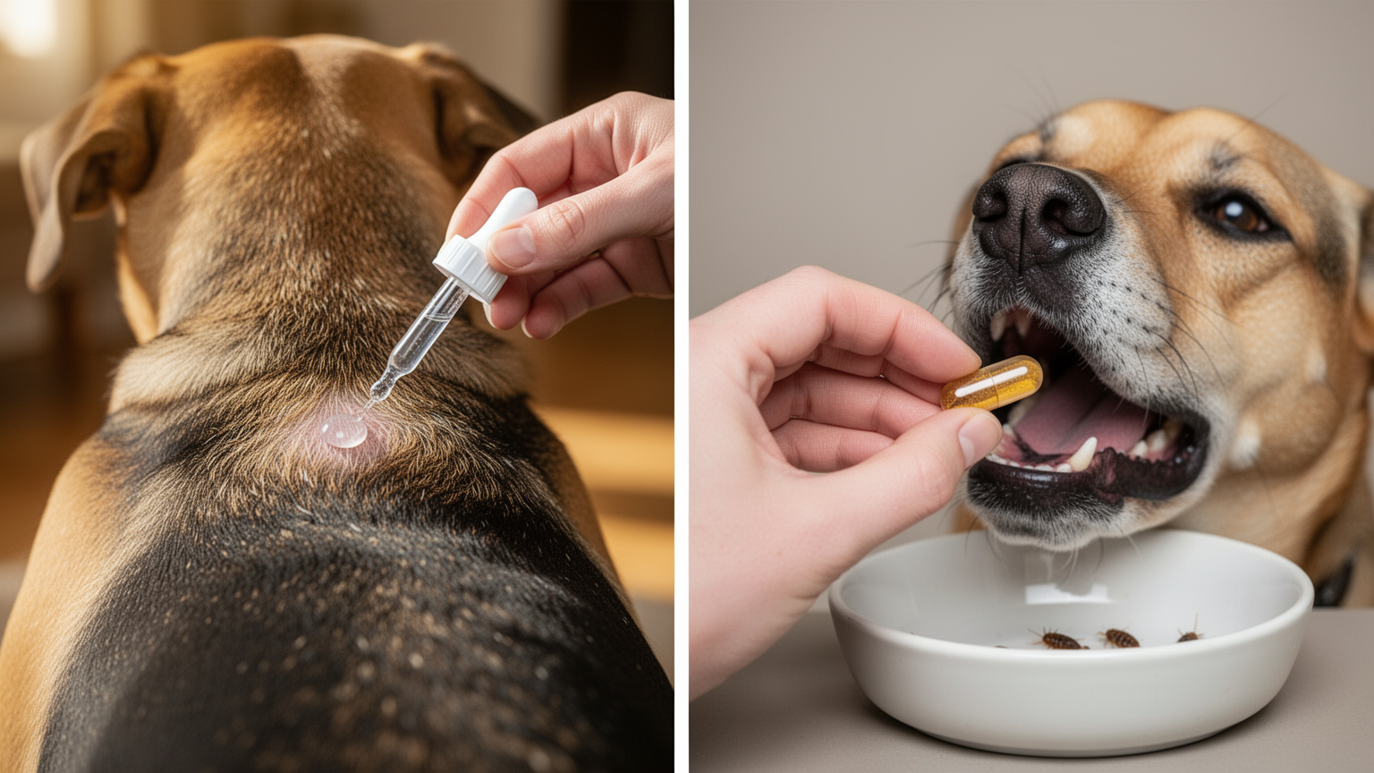 Left: spot-on liquid treatment being applied to back of dog's neck. Right: oral tablet medication held above a dog's mouth.
