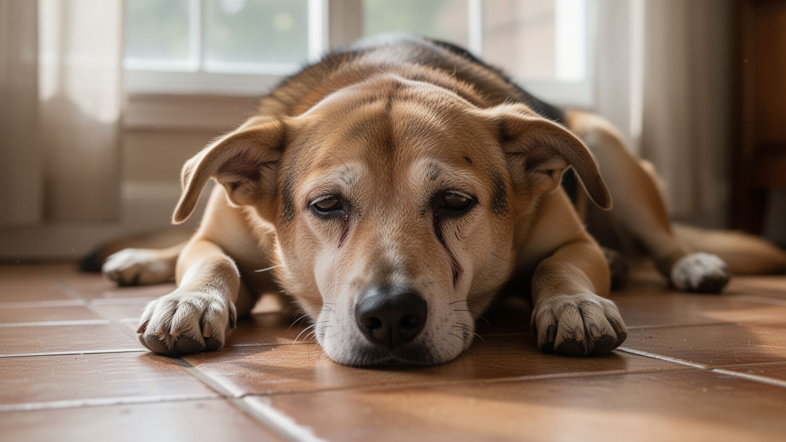 A dog lying down indoors with a lethargic, subdued posture and partially back ears.