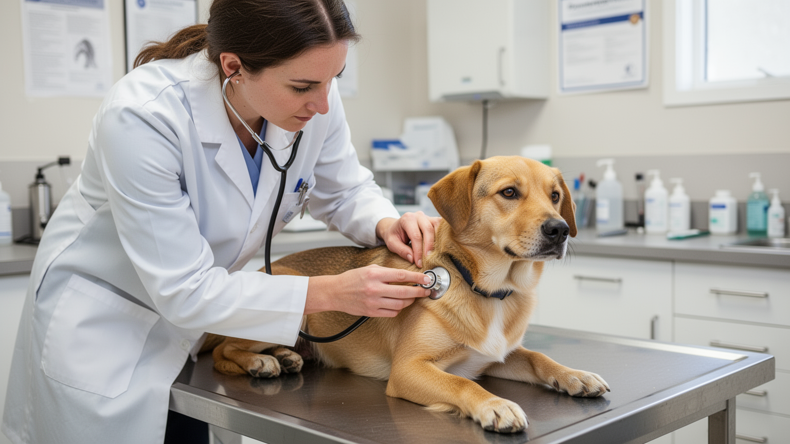 A veterinarian in a white coat examining a dog on a clinic examination table.
