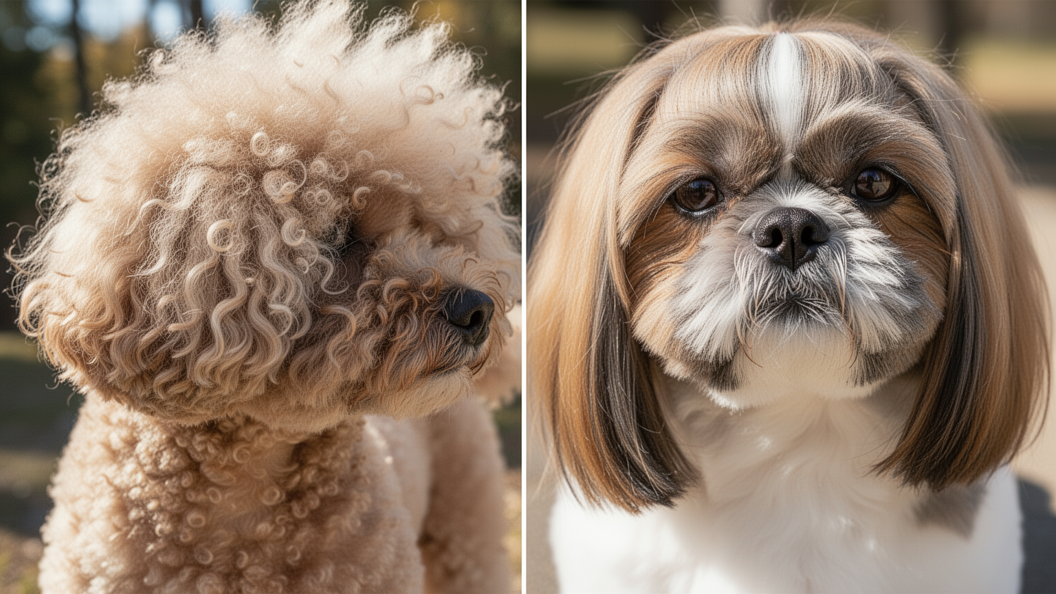 Side-by-side close-up comparison of poodle curly coat texture and Shih Tzu flat coat texture.