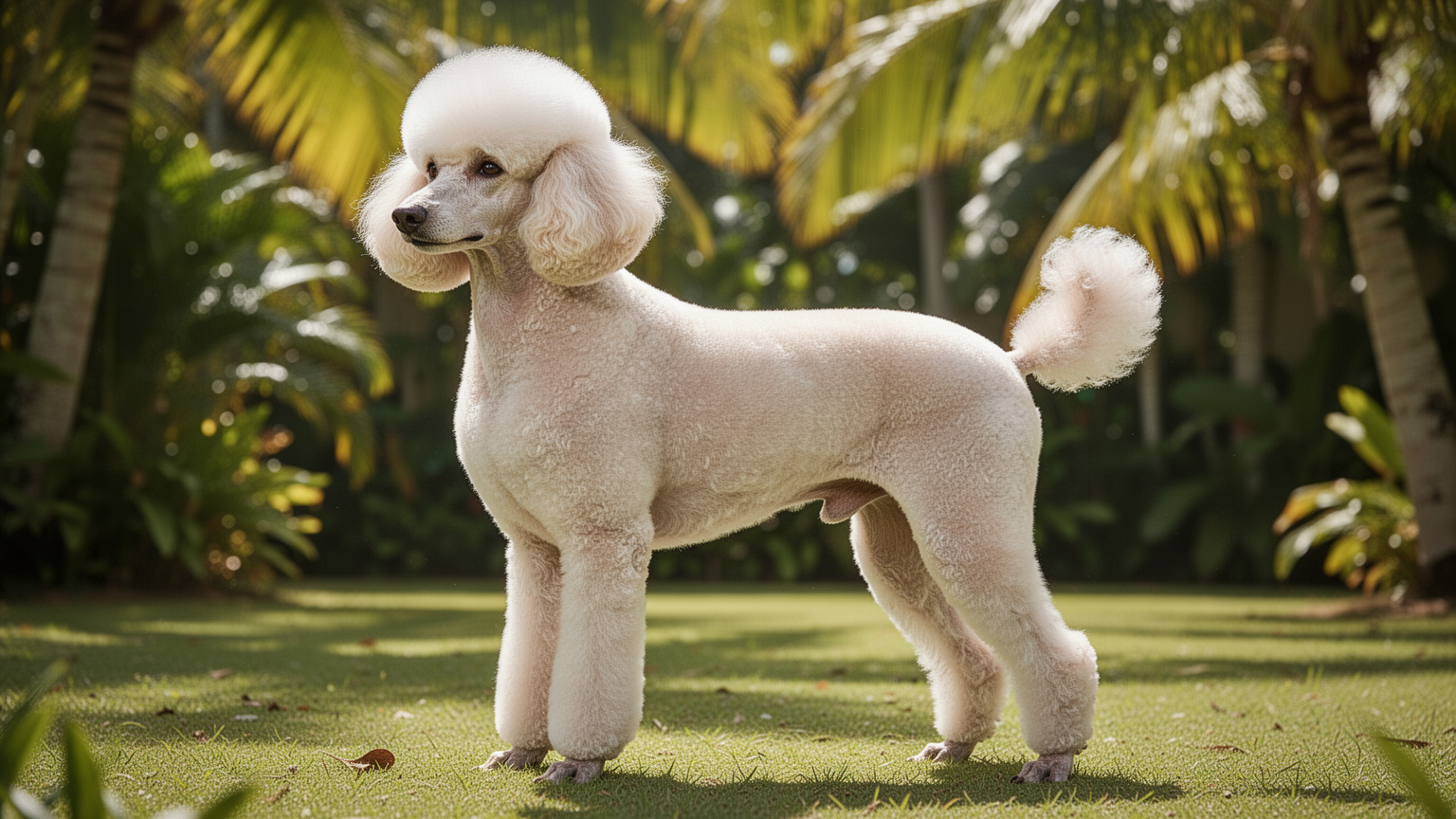 A poodle groomed in a short Sporting Clip standing outdoors in tropical sunlight.