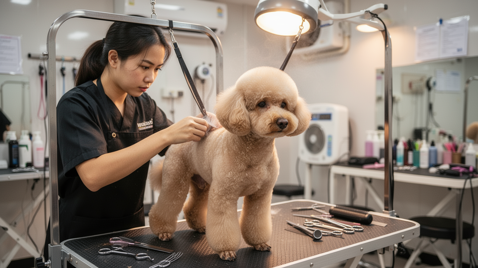 A professional groomer working on a poodle at a grooming table in a Bangkok salon.