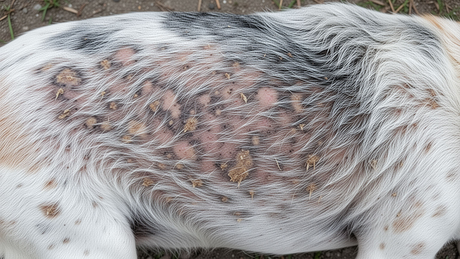 Close-up of a senior dog's coat showing thinning fur and visible skin changes.
