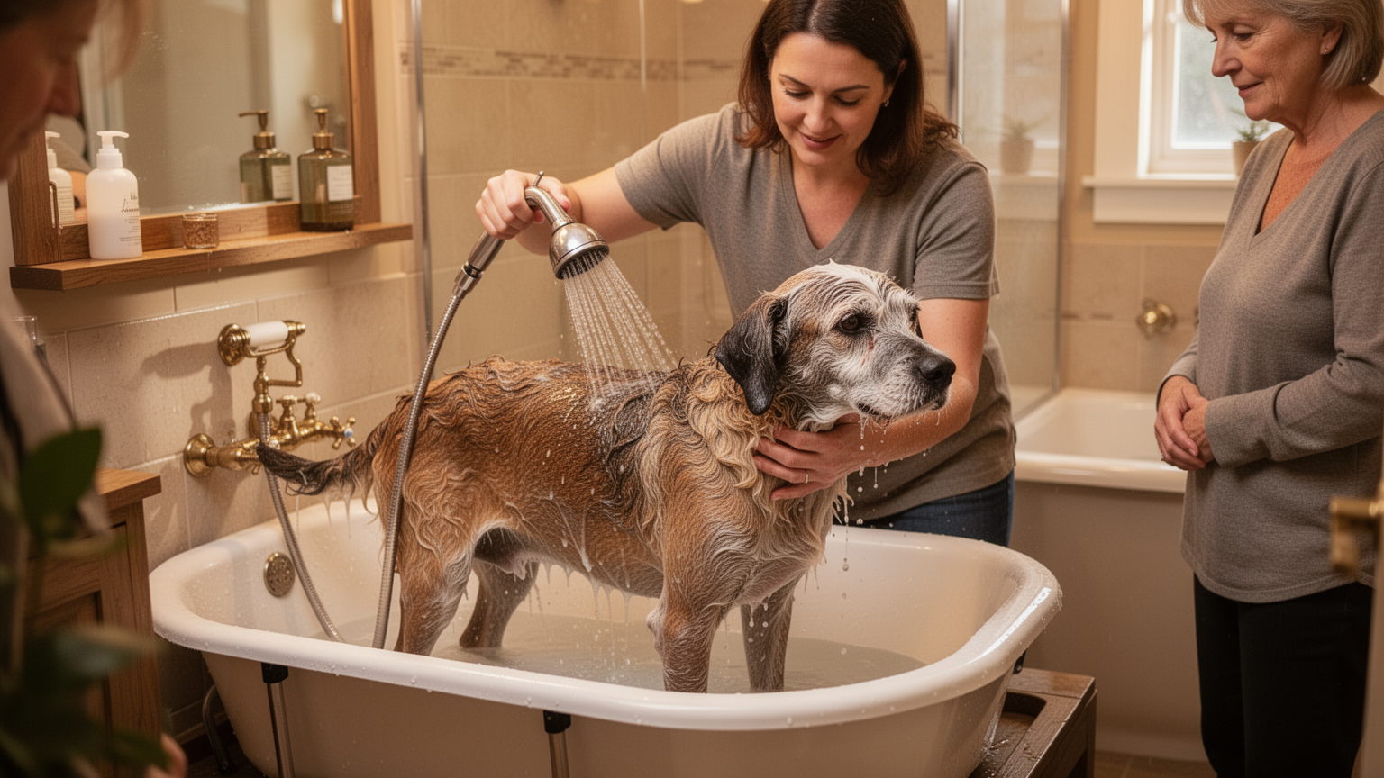 A groomer gently bathing a senior dog at home in a comfortable, low-stress setting.
