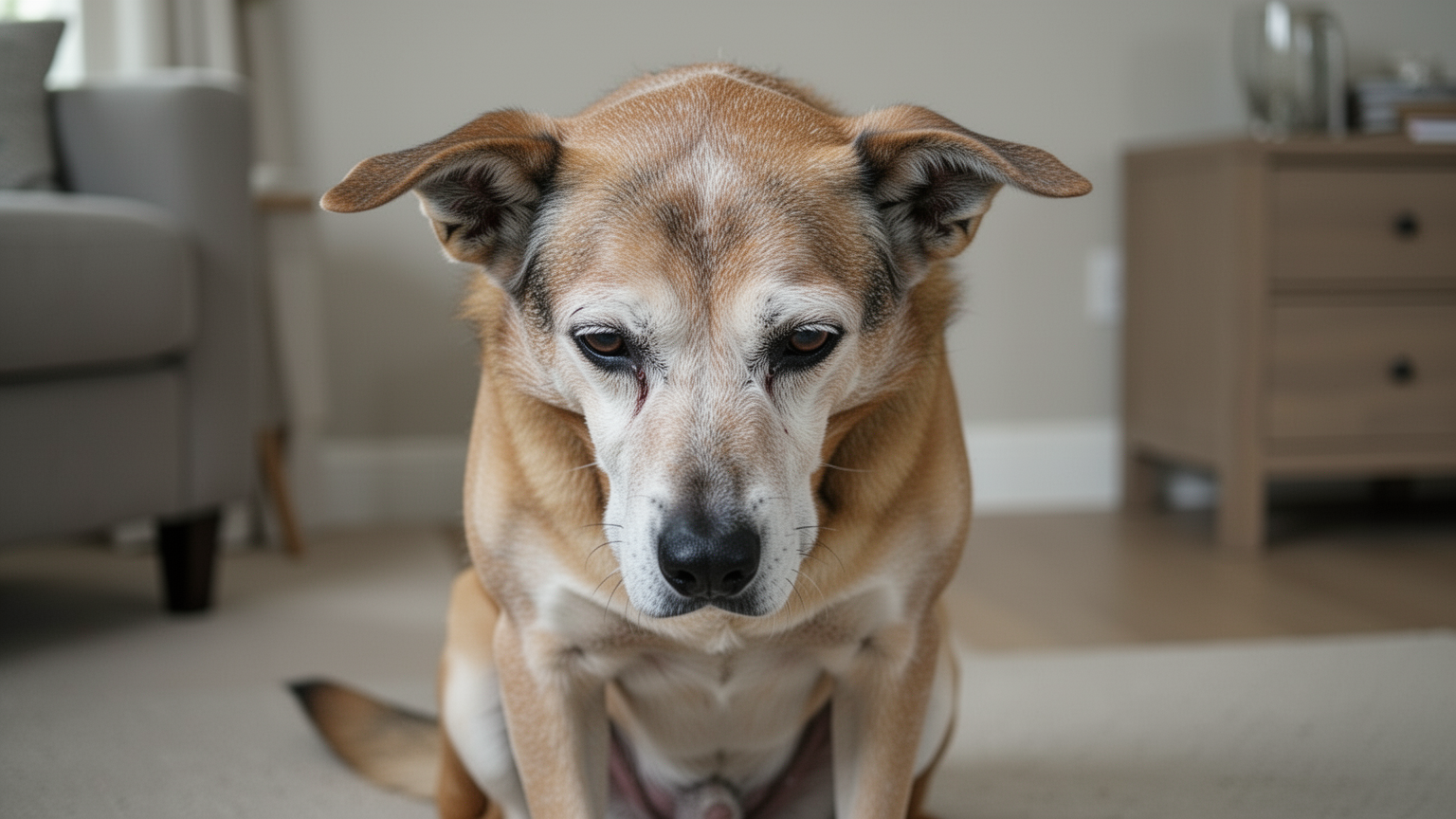 A senior dog displaying subtle stress signals including tensed posture and lowered ears.