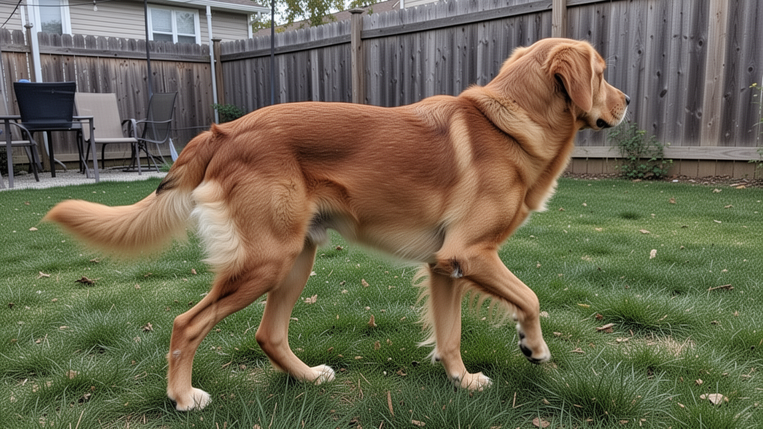 A dog in a backyard displaying postural stiffness in the hind legs, an early sign of hip dysplasia.