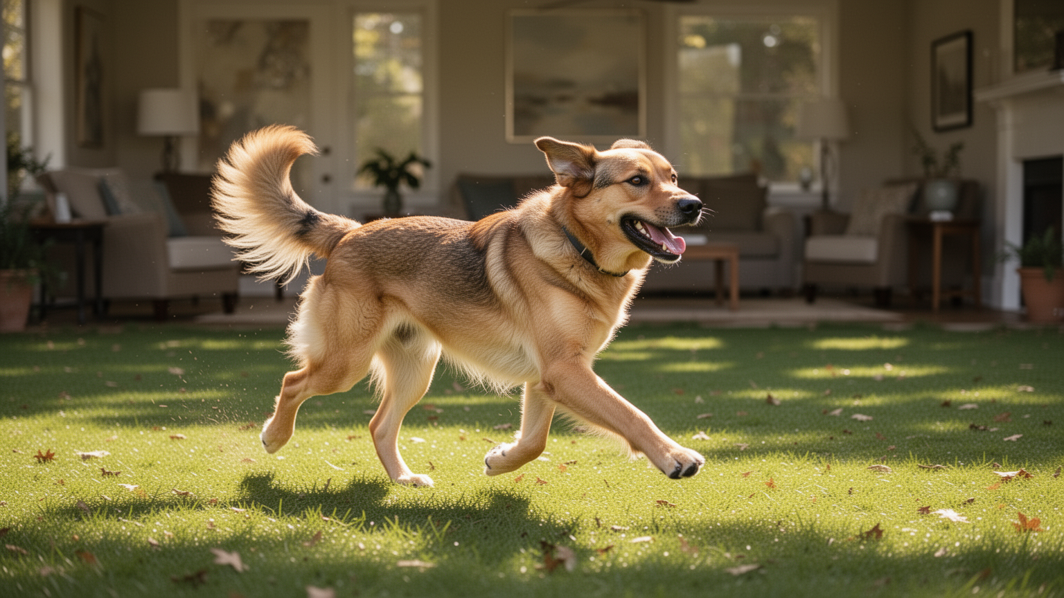 A healthy, active dog running and playing in a park, representing successful recovery from hip dysplasia treatment.