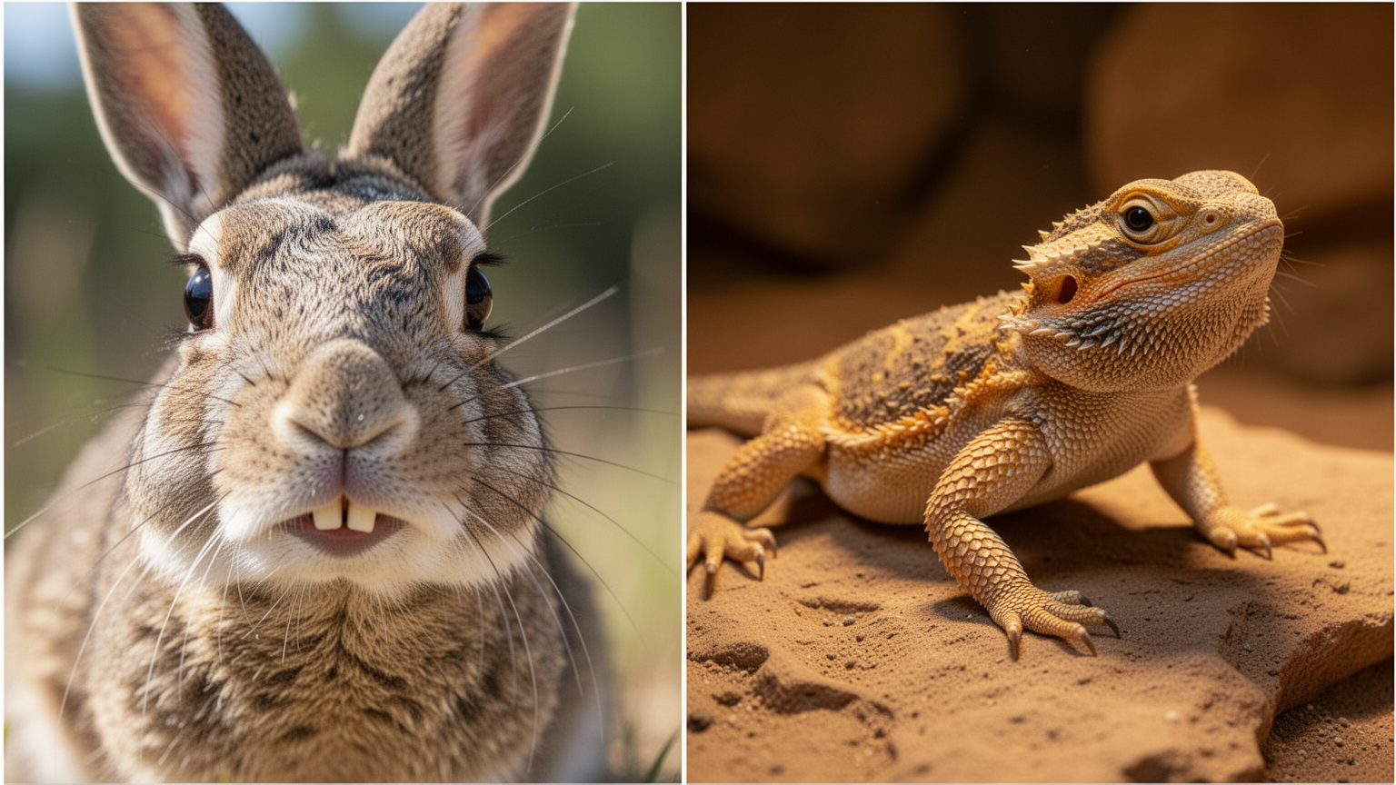 Grid comparison: rabbit with prominent teeth; bearded dragon on basking surface