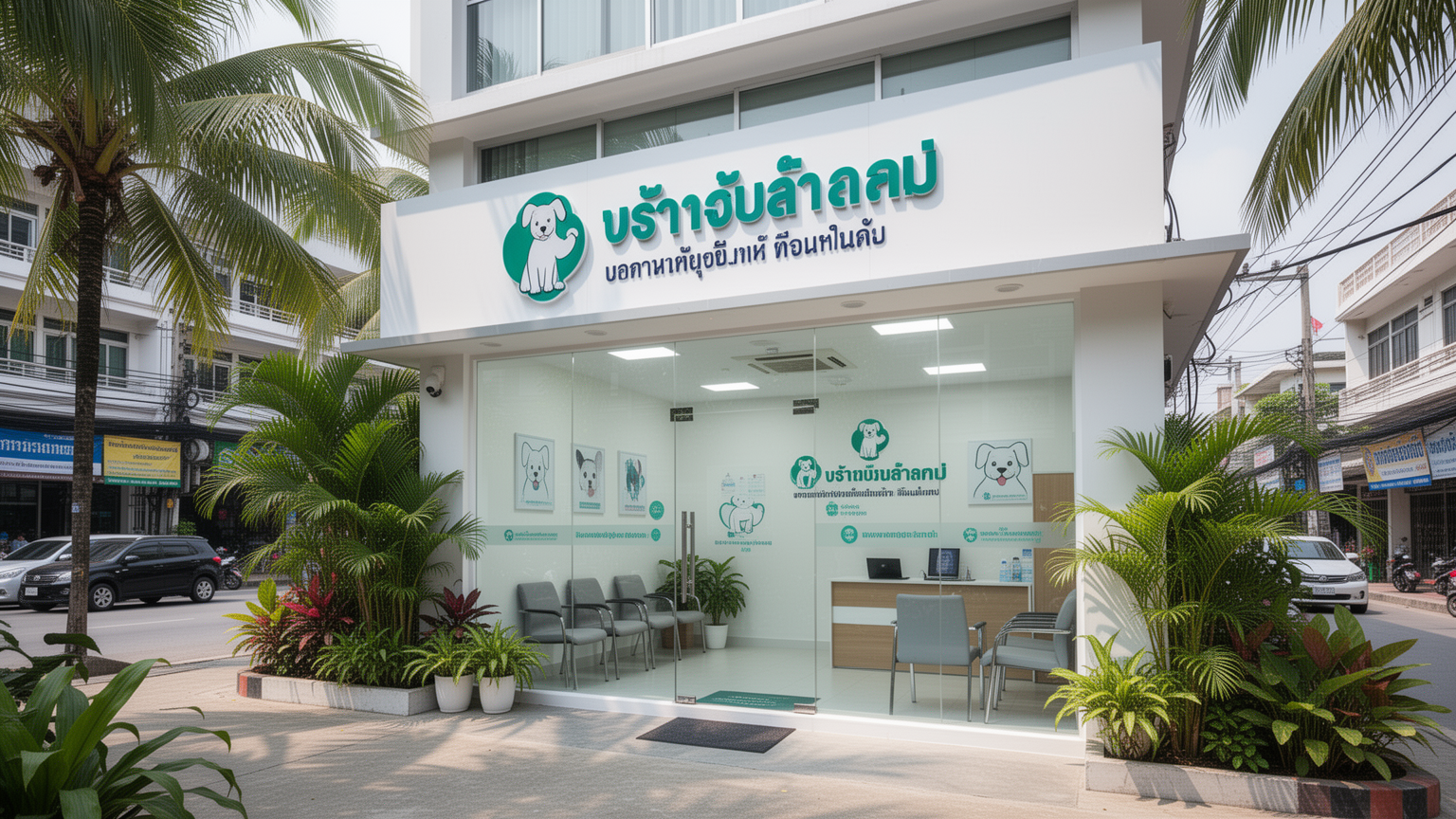 Modern veterinary clinic entrance in Thailand with tropical setting
