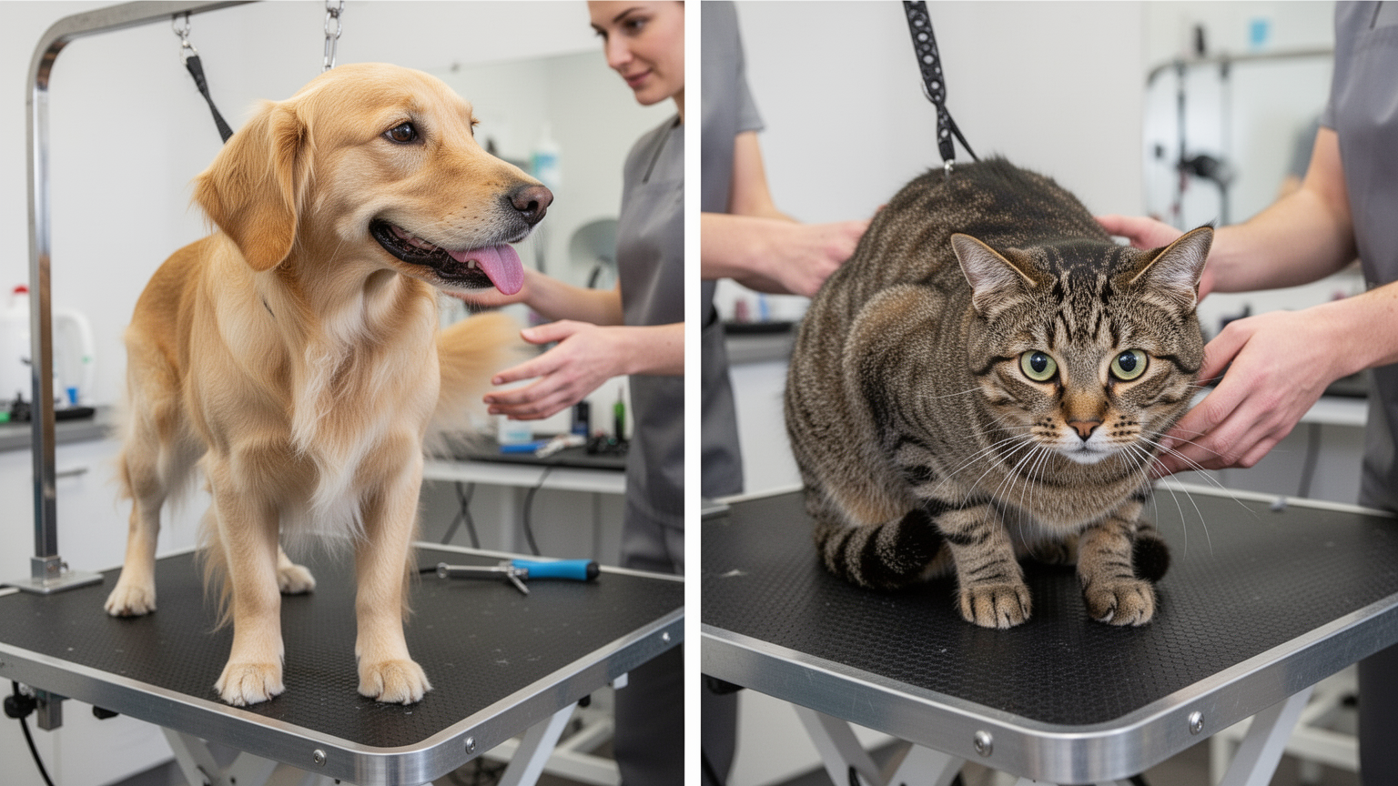 Left: A relaxed dog on a grooming table. Right: A tense cat on a grooming table showing stress signals.