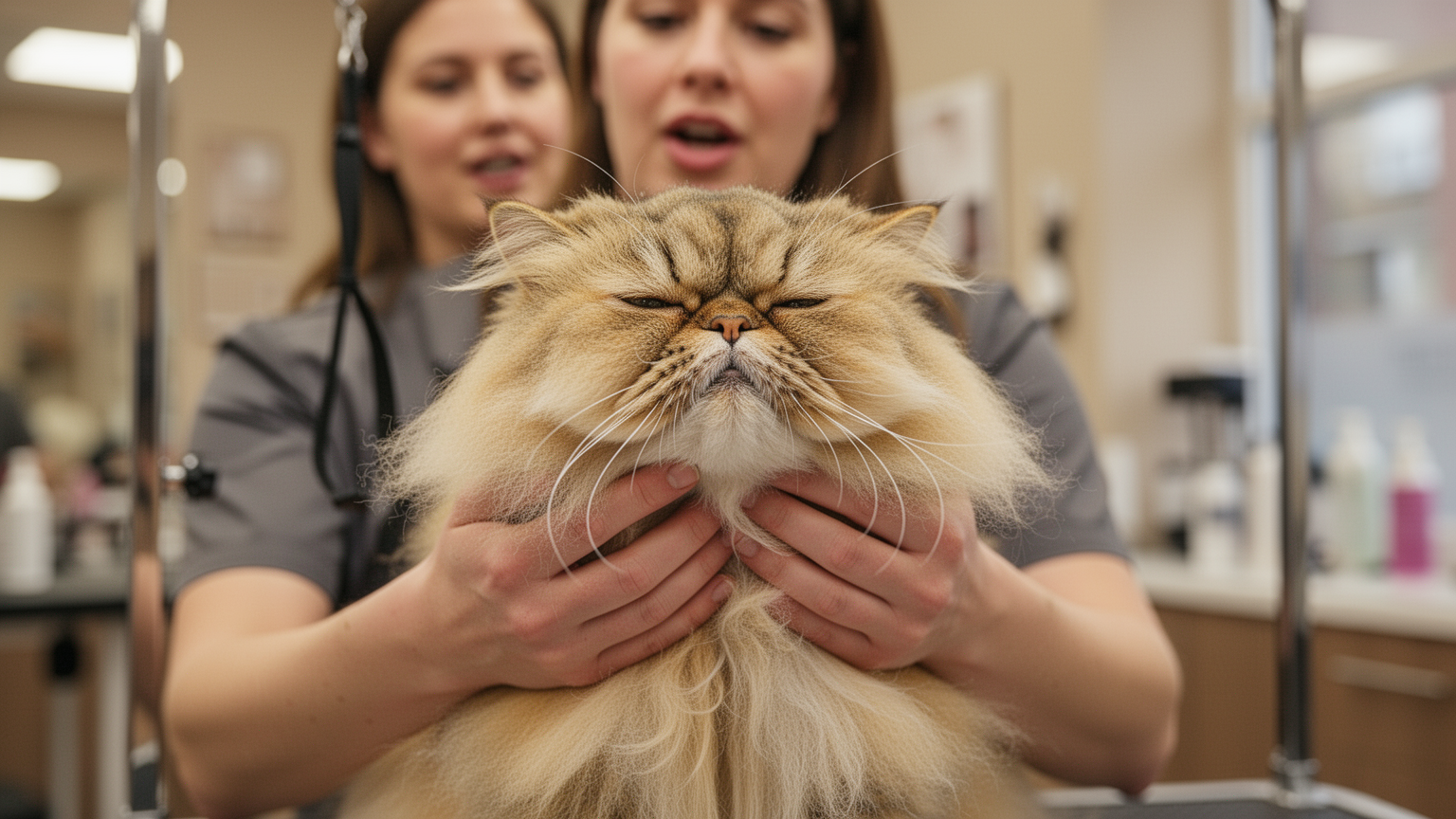 Groomer's hands gently supporting a calm cat during grooming, both figures relaxed and focused.