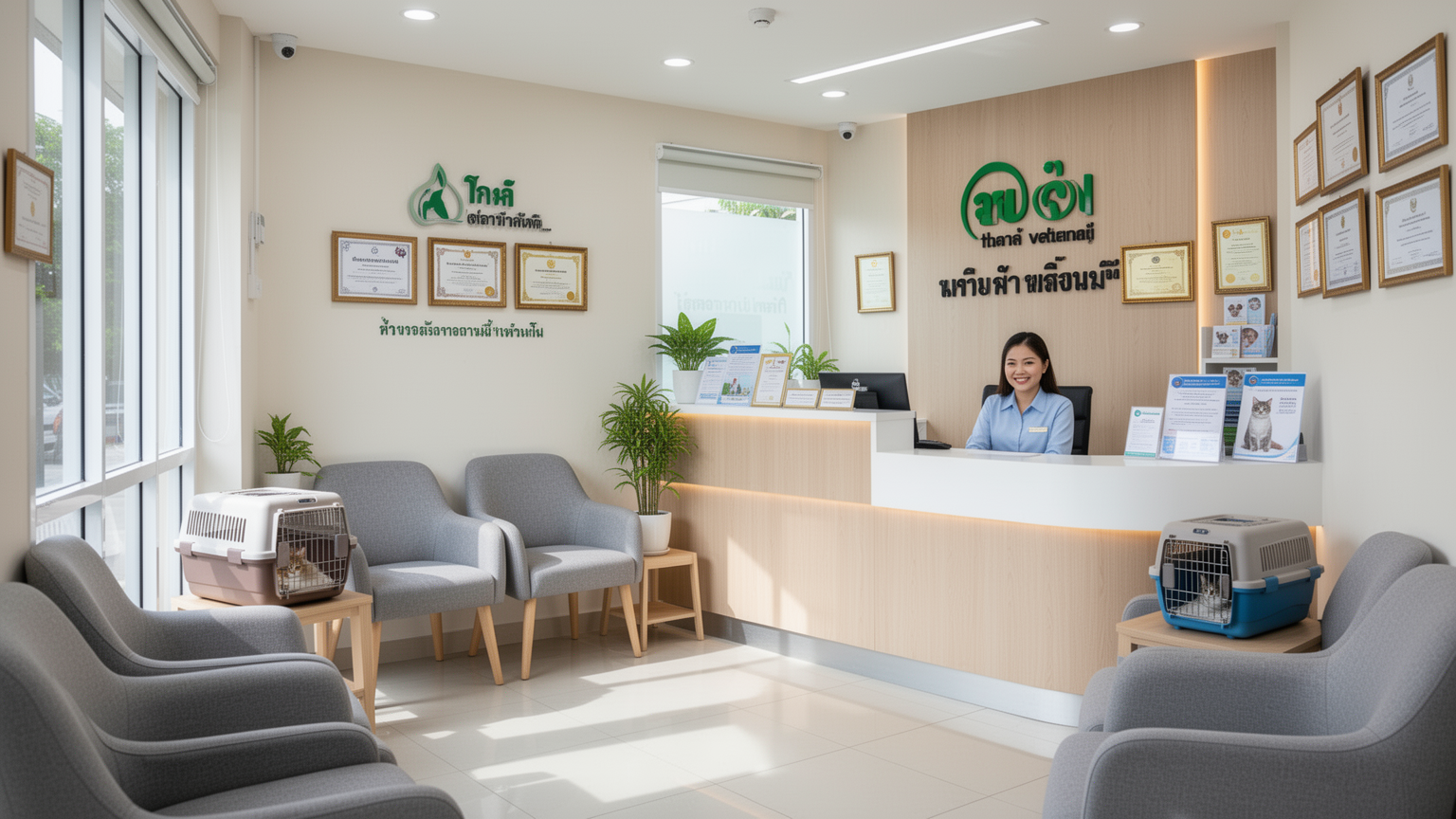 Interior of a modern veterinary clinic reception area with professional décor and seating.