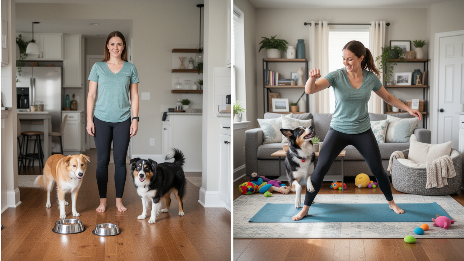 Left: A pet sitter in a basic feeding scenario. Right: A sitter actively engaged in play with a pet.