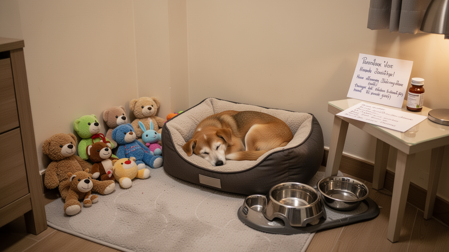 A pet's sleeping area in a home, arranged with toys, bedding, and a water bowl.
