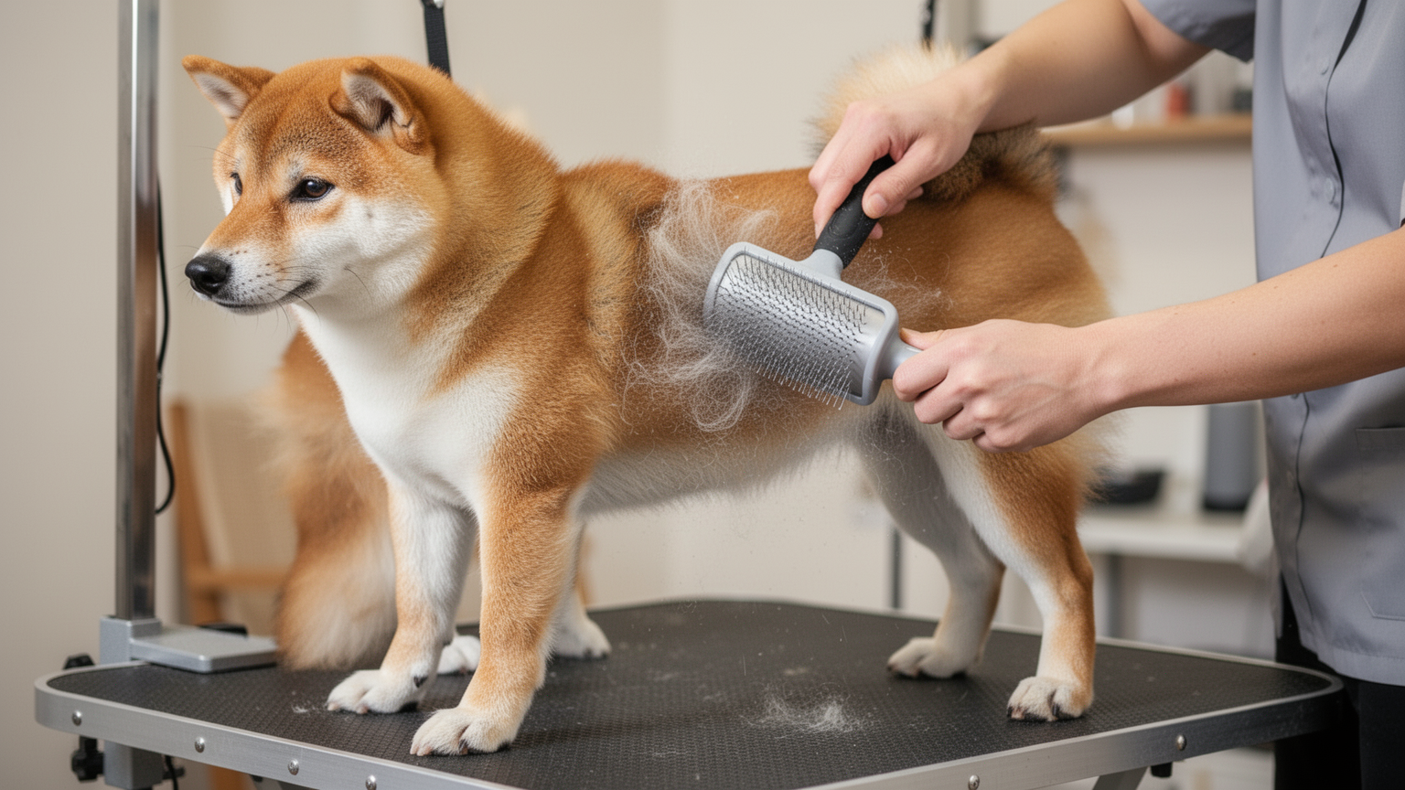 Handler using a slicker brush on a Shiba Inu's coat during a grooming session.