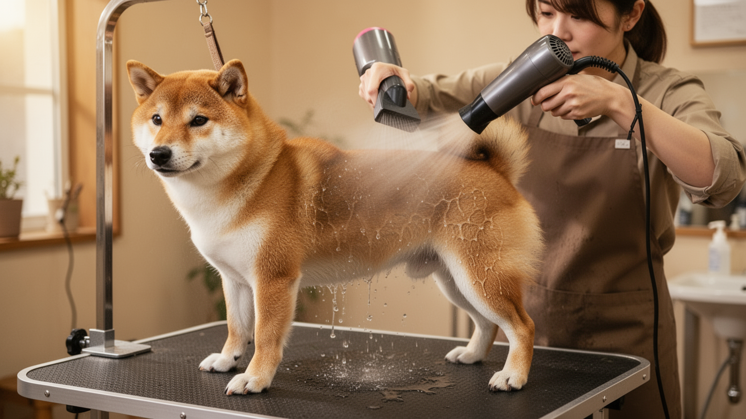 Handler blow-drying a wet Shiba Inu's coat on a grooming table.