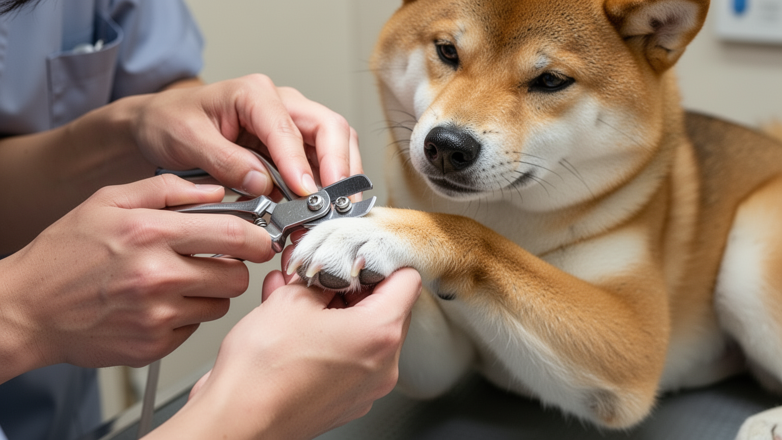 Groomer using a guillotine clipper to trim a Shiba Inu's nail.