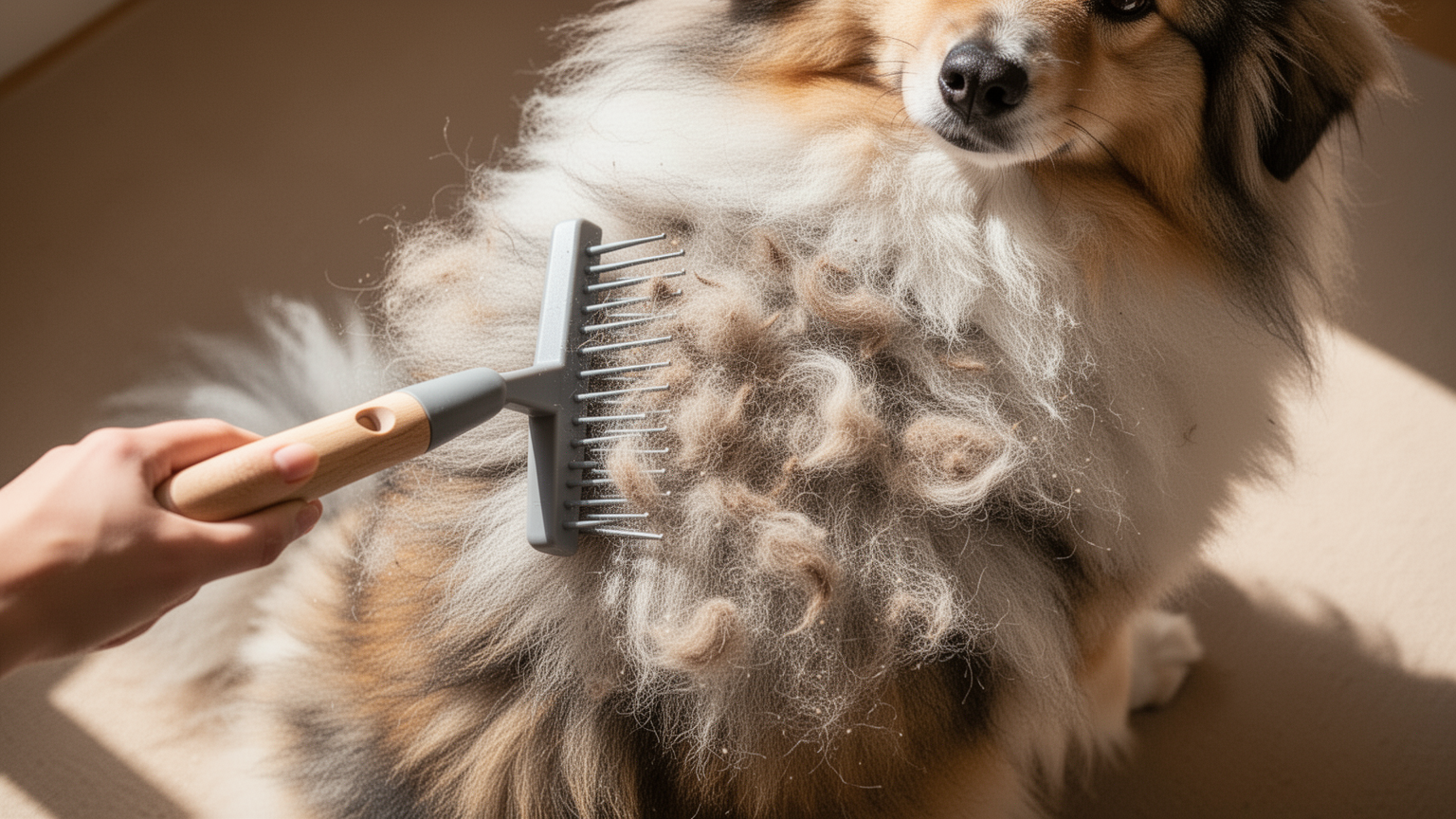 A grooming rake removing loose undercoat hair from a fluffy dog's coat, with visible clumps of shed hair.