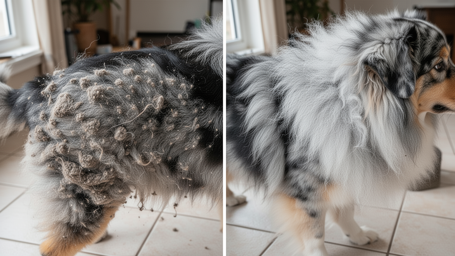 Comparison of a dog with matted undercoat versus the same breed after de-shedding, showing improved coat condition and air separation.