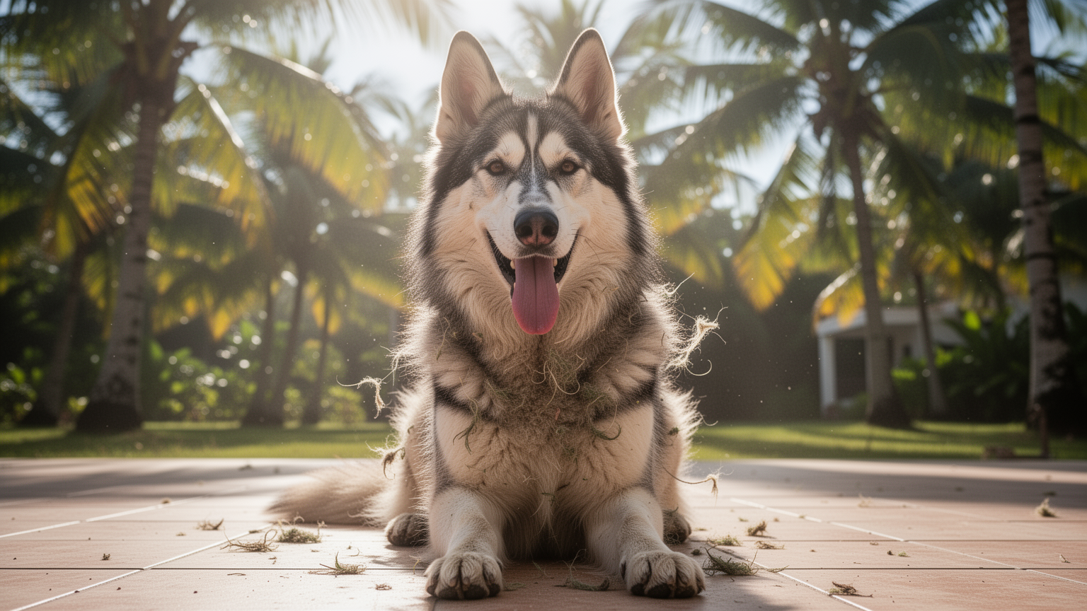 A Husky sitting outdoors in tropical heat, visibly panting with a fluffy double coat, illustrating heat stress in cold-climate breeds.
