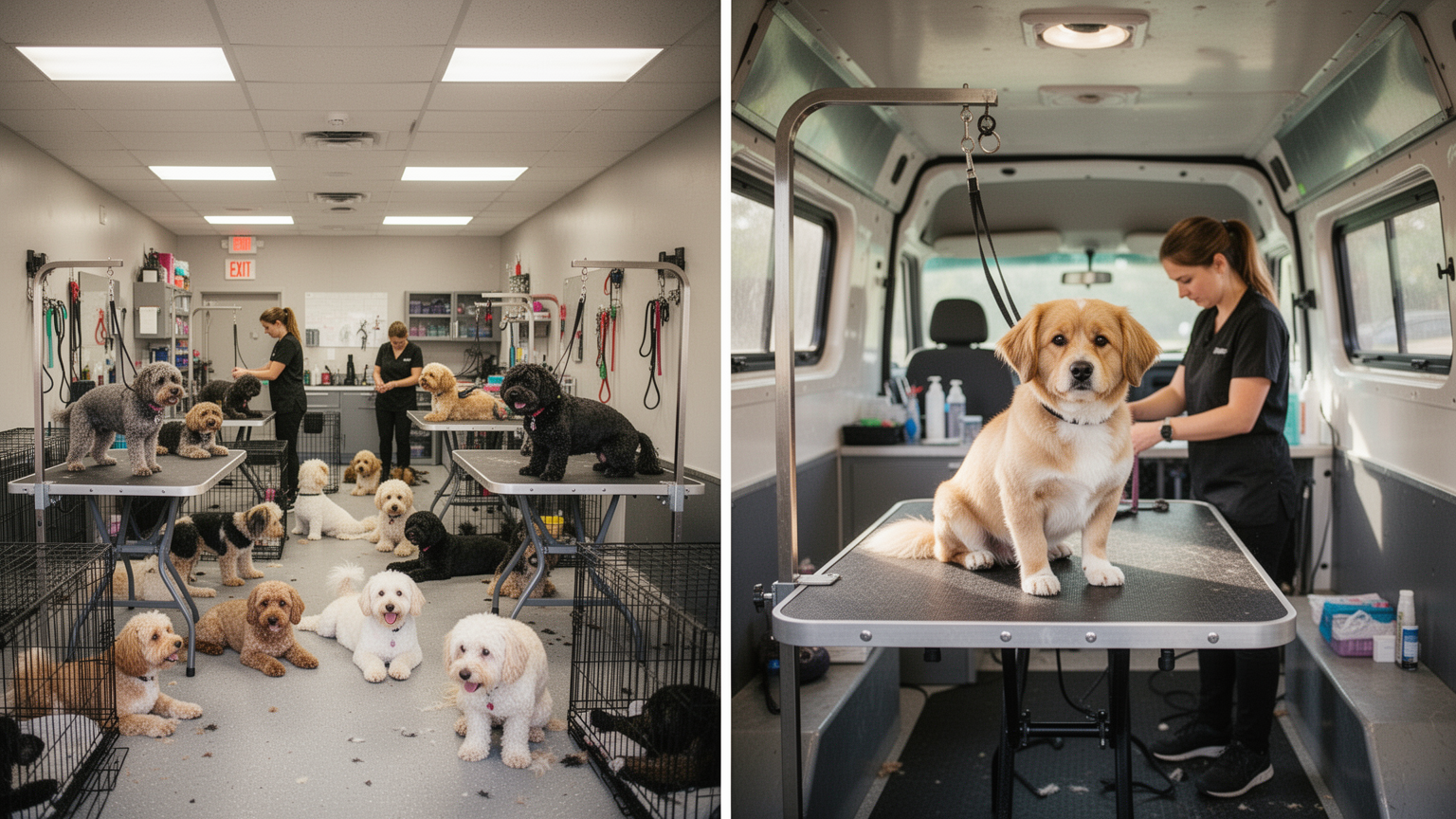 Comparison of busy salon grooming environment with multiple dogs versus quiet mobile vehicle with single dog being groomed