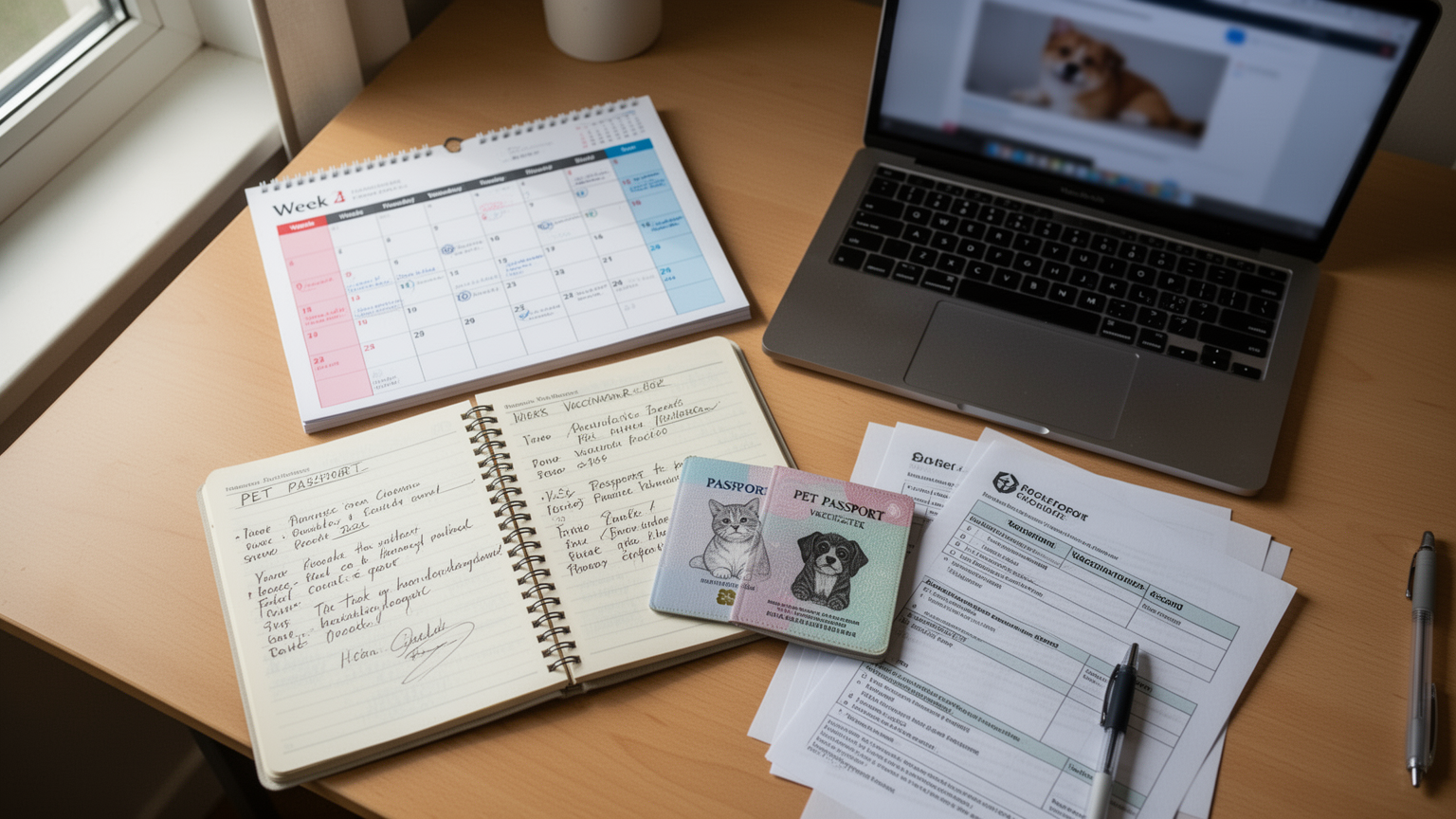 A desk with planning materials including calendar, notes, and pet documents arranged for international relocation preparation.