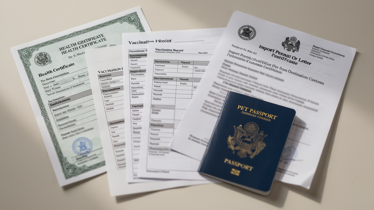 A collection of pet relocation documents including health certificate, vaccination records, and import permits arranged flat.