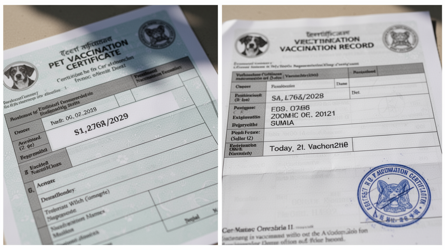 Comparison of an outdated pet vaccination record and a current one, showing the importance of timing for international travel.
