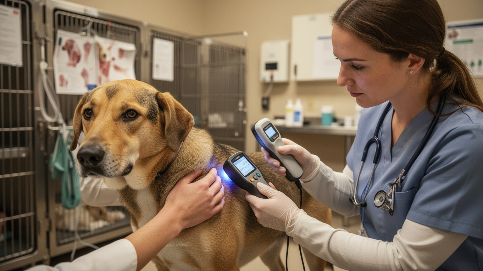 A caregiver scanning a dog with a microchip reader at a veterinary clinic.