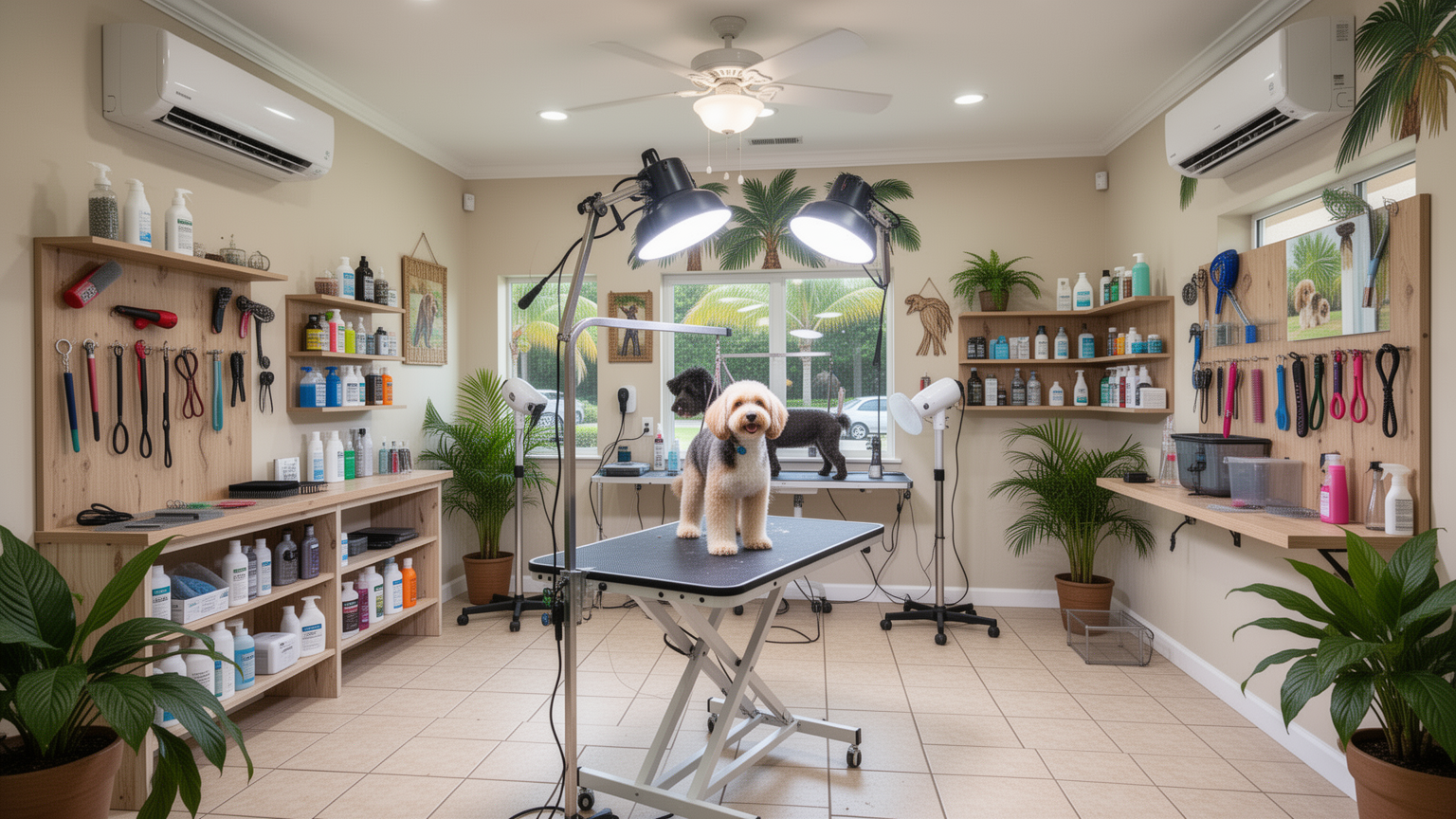 Interior of a pet grooming salon with professional lighting, grooming table, and organized supplies.