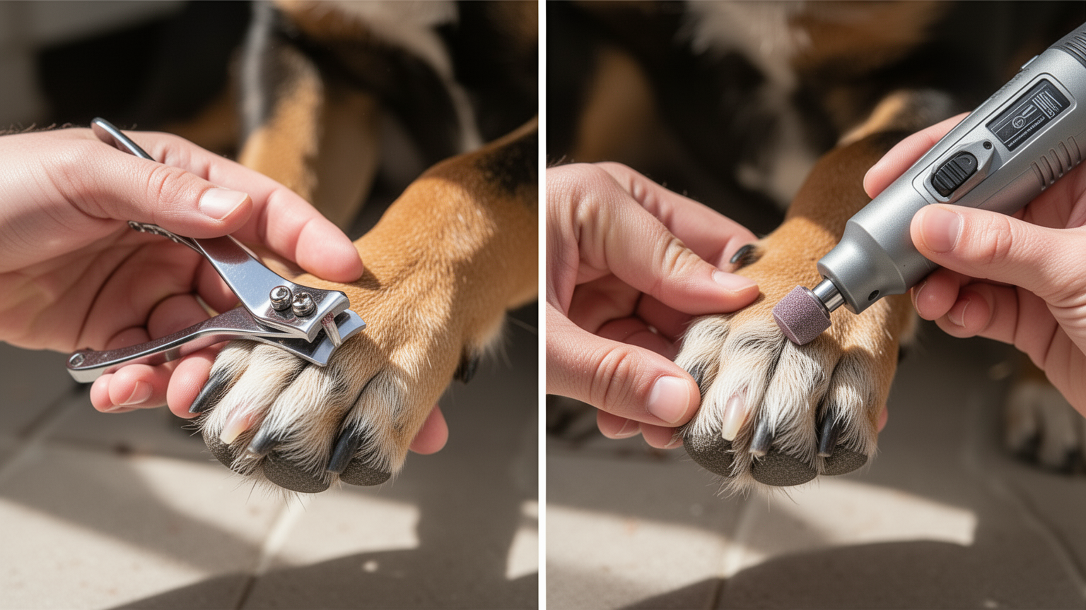 Left: Nail clippers positioned at a dog's paw. Right: A handheld nail grinder near a dog's nail.