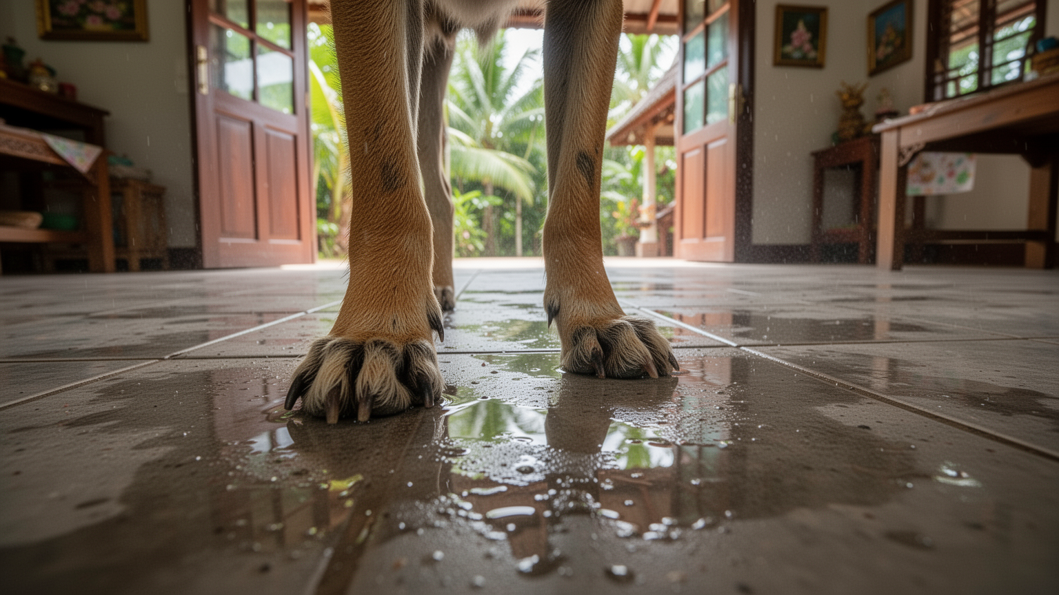 A pet's wet paws on tile flooring in a tropical home interior.