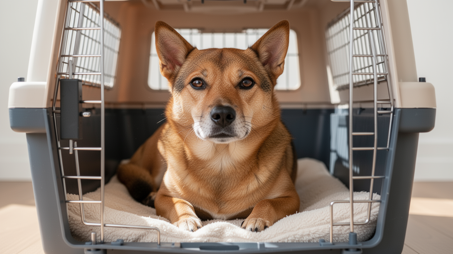 A pet sitting calmly inside a well-ventilated transport crate.