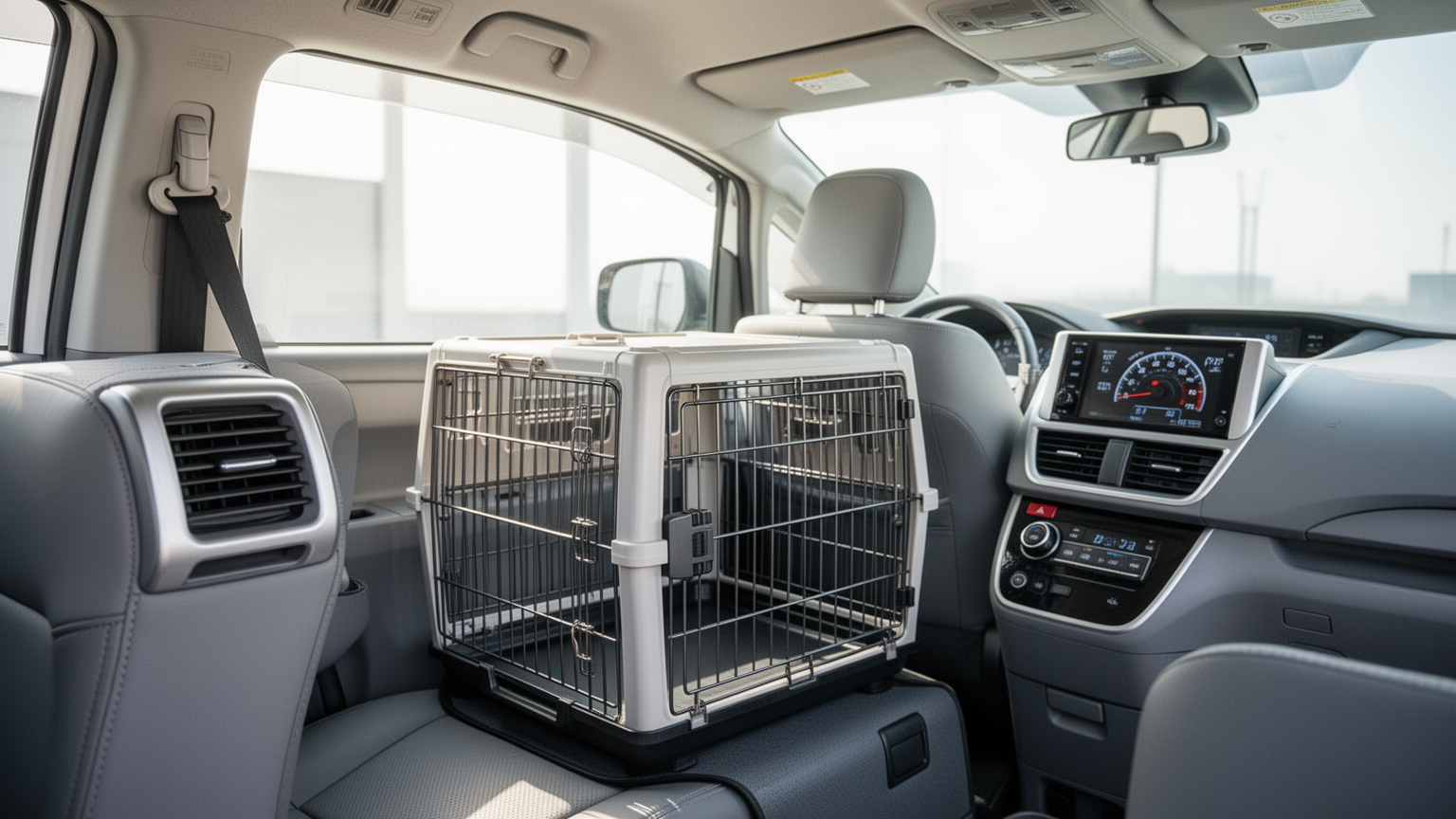 Clean vehicle interior with secure pet crate and visible air-conditioning controls.