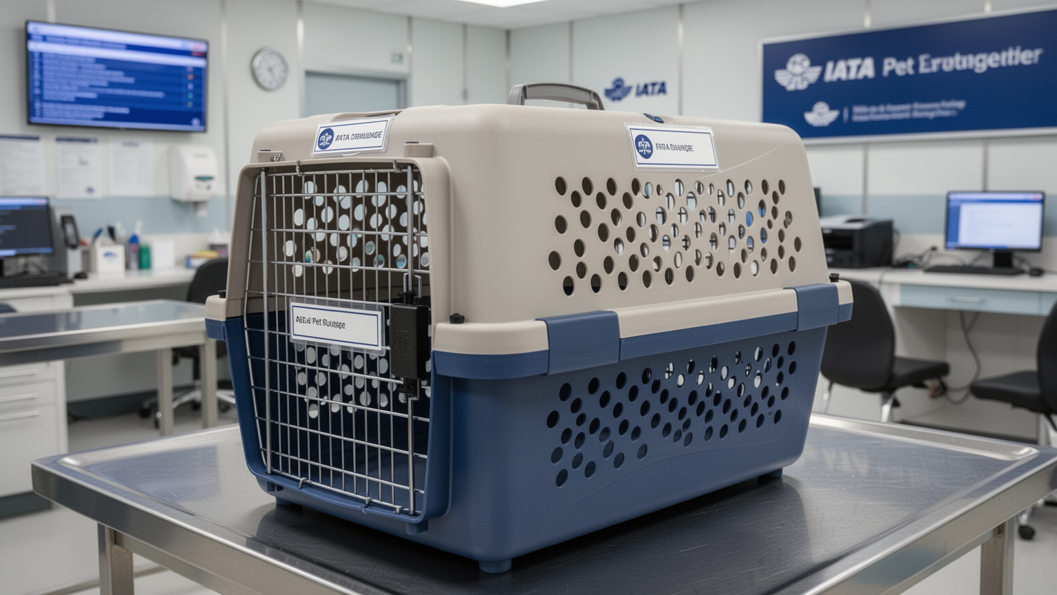An IATA-compliant pet transport crate in a professional facility setting.