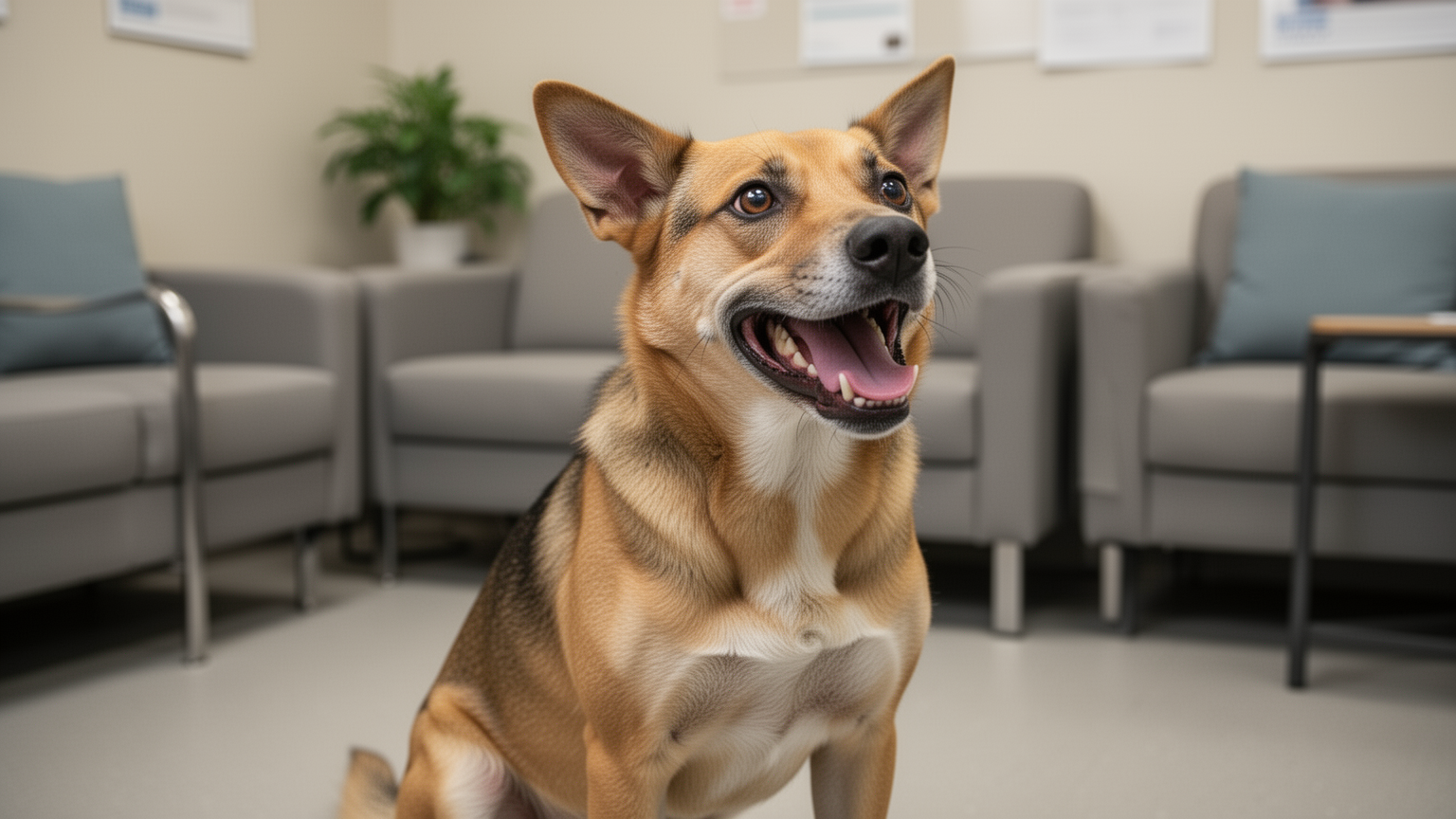 A dog displaying anxiety signals including panting and tense posture.