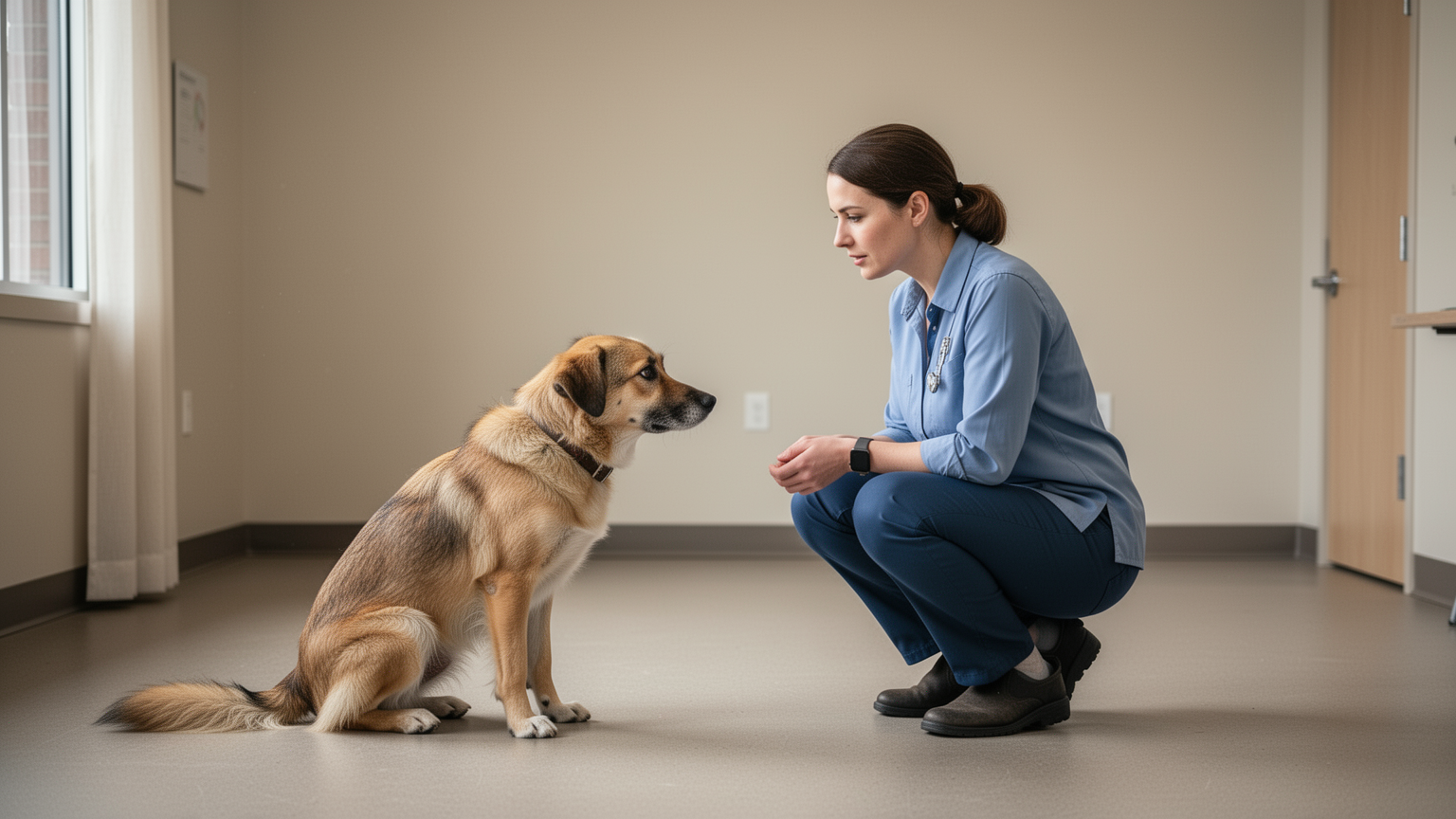 A staff member calmly interacting with an anxious dog in a quiet, well-lit room.