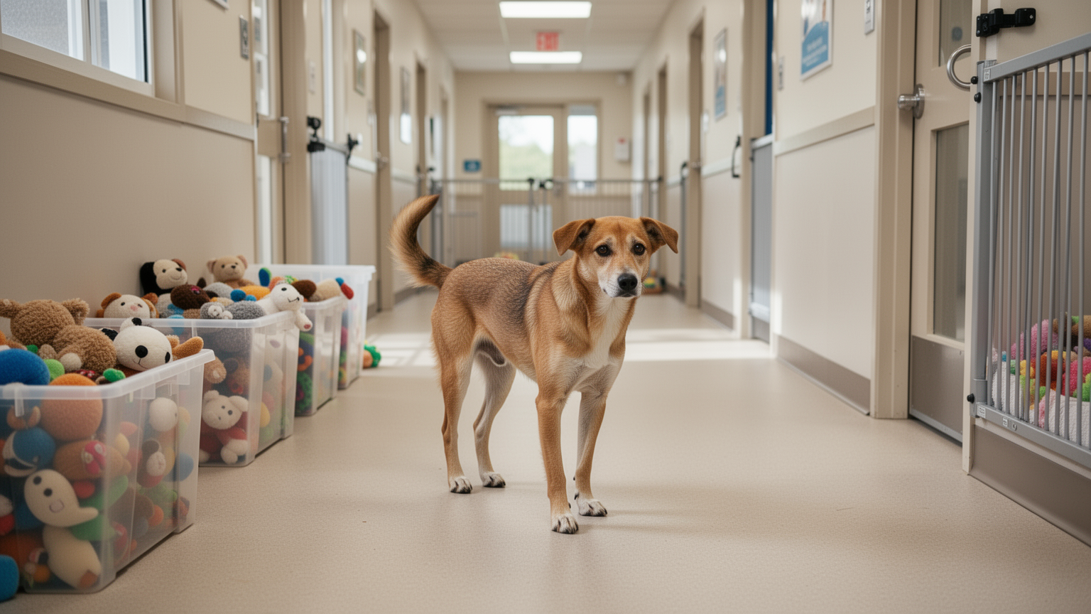 An anxious dog exploring a boarding facility interior with a calm, exploratory posture.