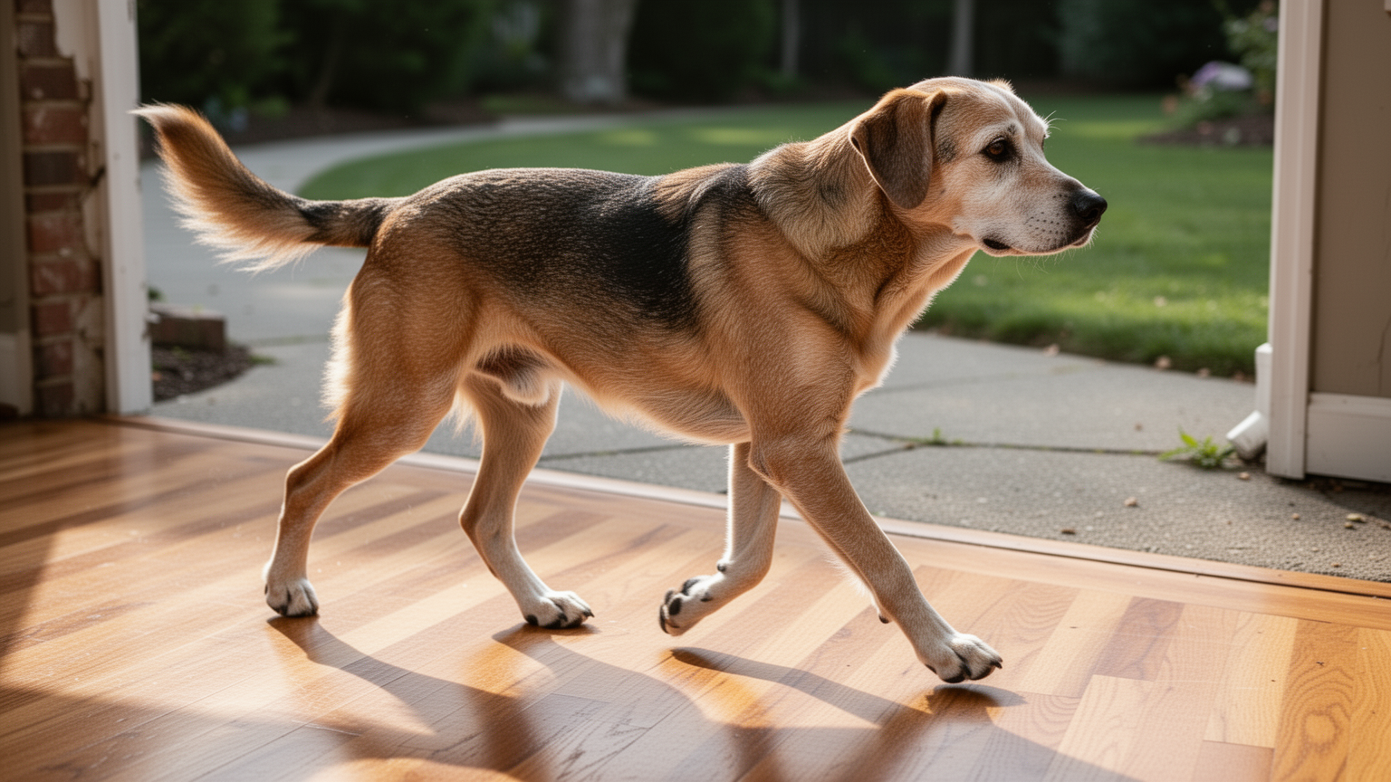 Senior dog walking with ease and good posture outdoors
