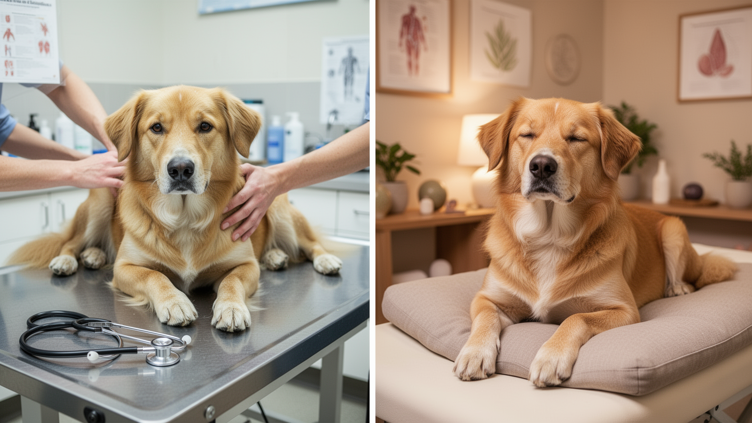 Two photos: dog in clinical vet exam setting (left), and dog in calm holistic wellness setting (right)