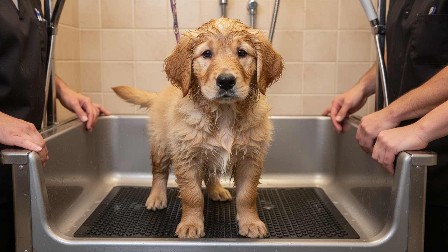 A young damp golden retriever puppy stands calmly in a grooming tub during its first bath appointment.