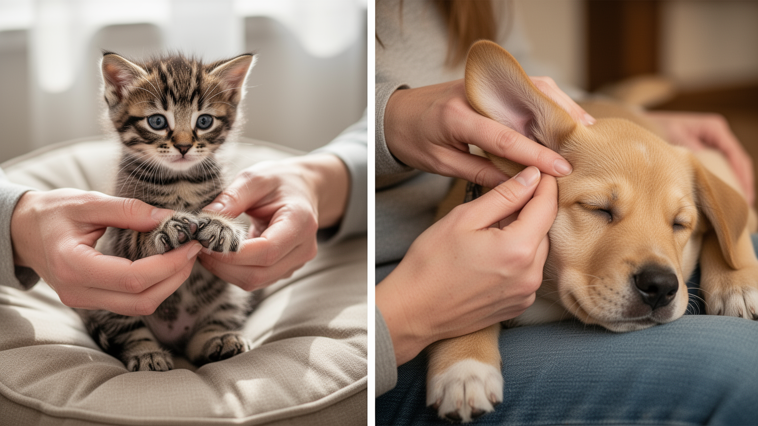 Two photos showing preparation exercises: an owner massaging a kitten's paw, and an owner gently touching a puppy's ear.
