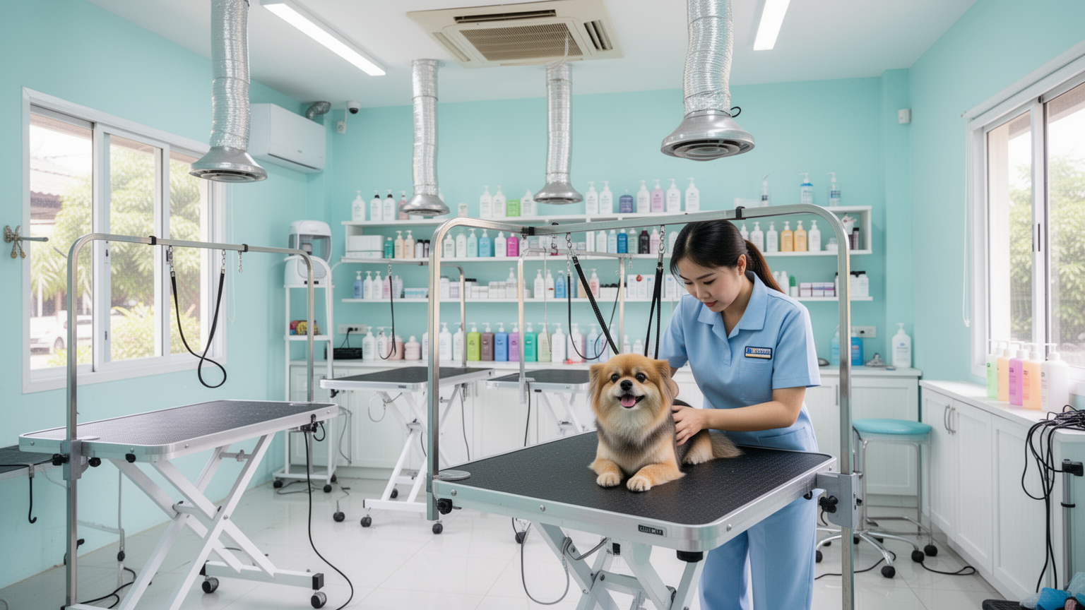 Interior of a bright, clean professional pet grooming salon with grooming tables, organized supplies, and a groomer at work.