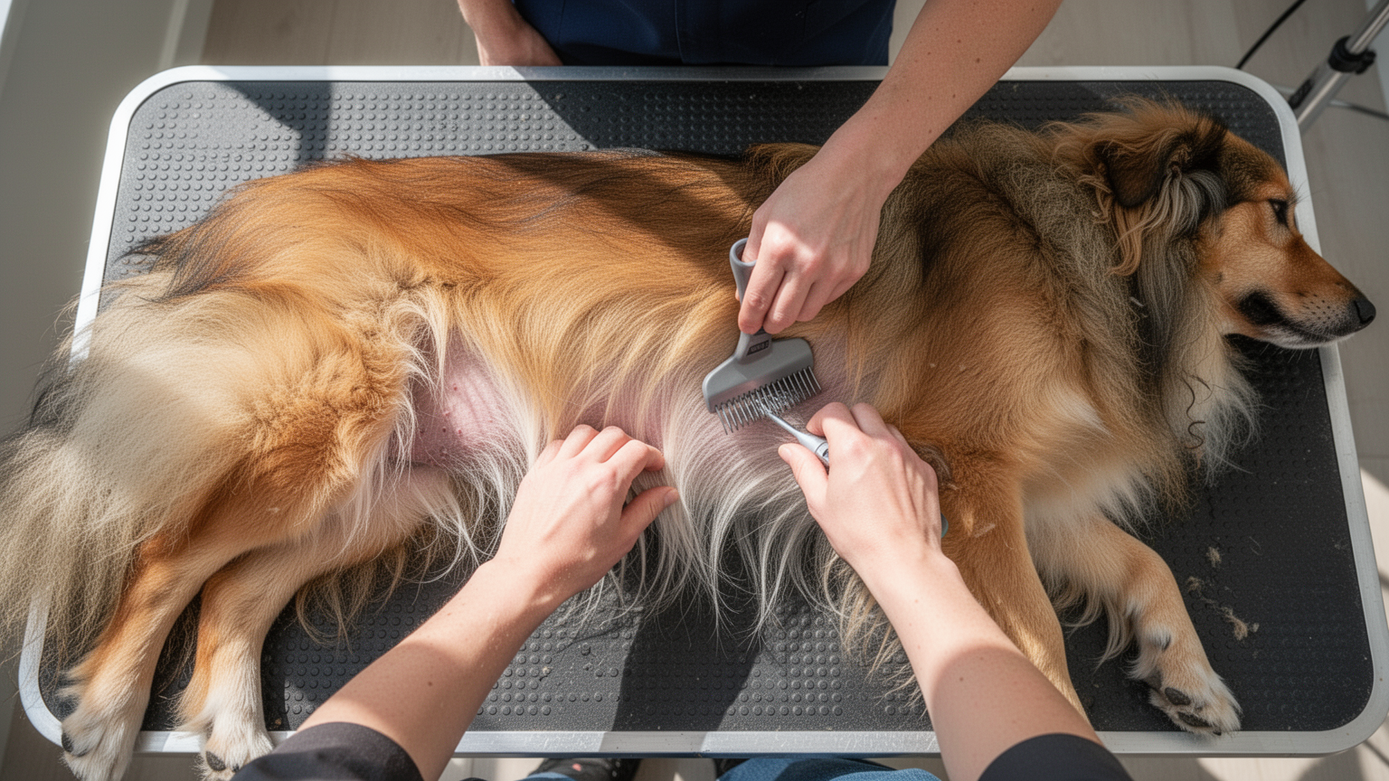 Long-haired dog lying on side while owner brushes through rear leg and side section