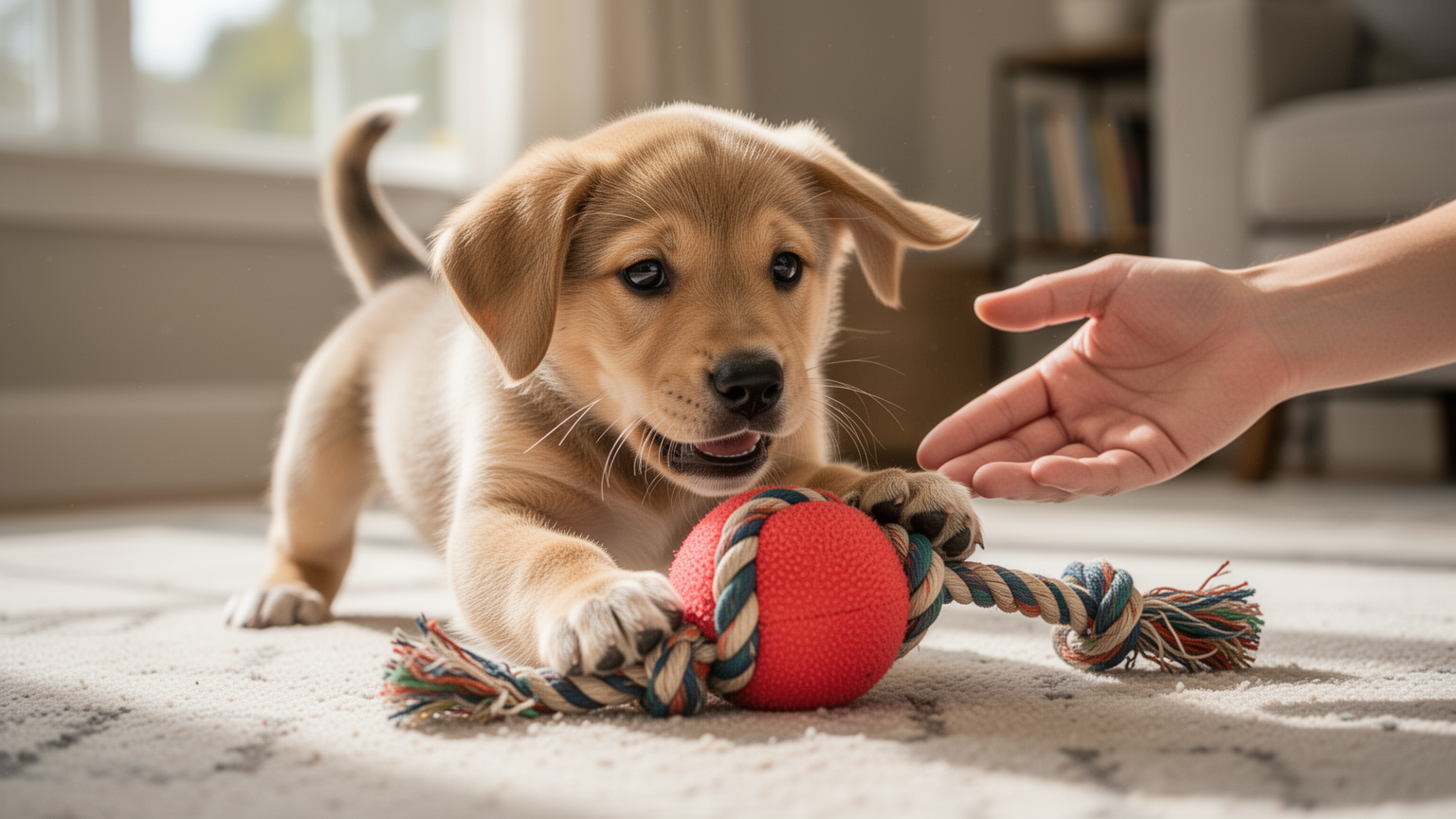 A young puppy engaged with a toy, showing improved body language and curiosity during gentle play
